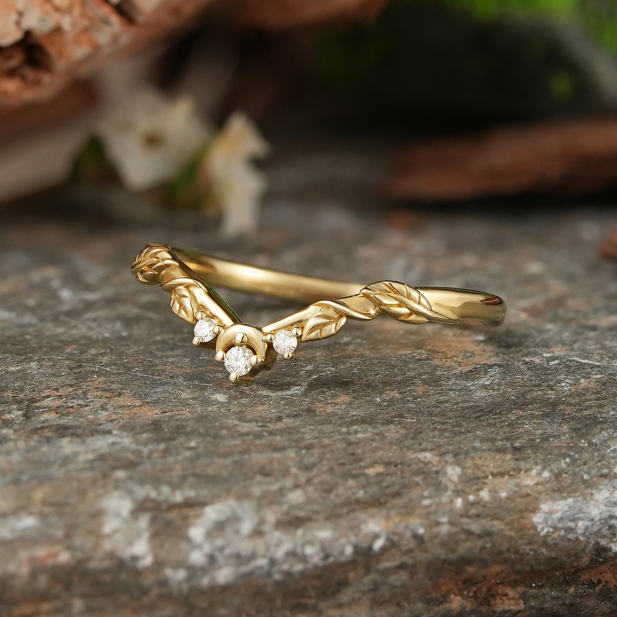 Moissanite Moon And Leaf Inspired Curved Wedding Band - Melia