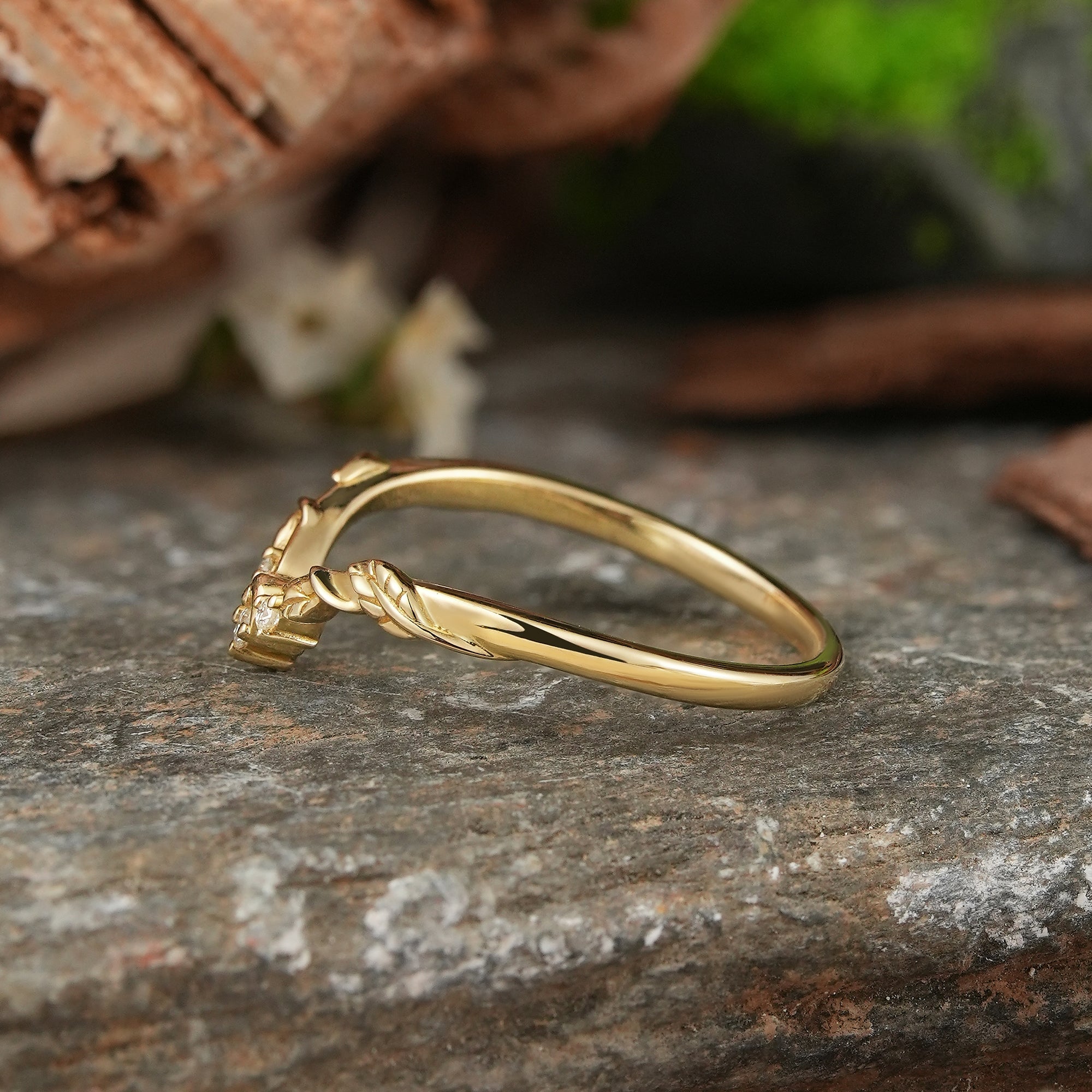 Moissanite Moon And Leaf Inspired Curved Wedding Band - Melia