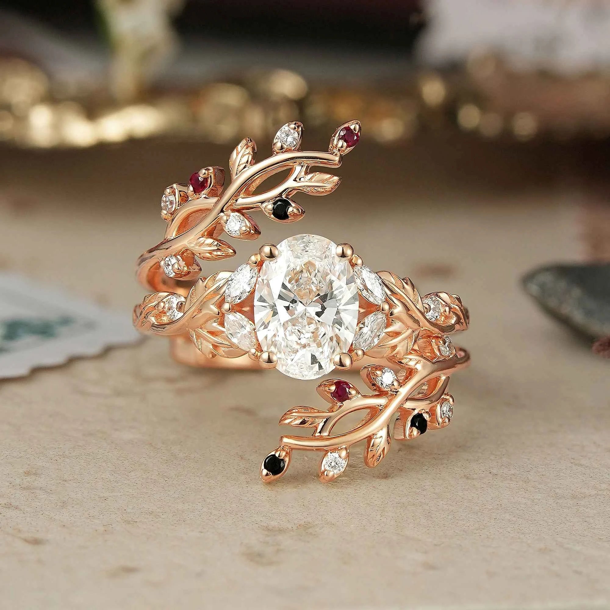 Oval Cut Lab Grown Diamond Crossed Leaf Bridal Ring Set With Cross Vine Ring Enhancer