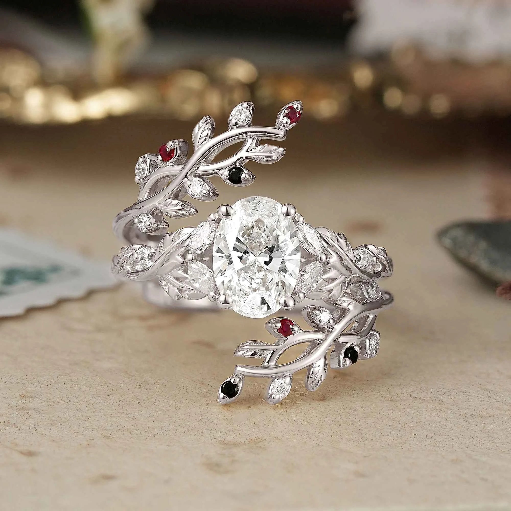 Oval Cut Lab Grown Diamond Crossed Leaf Bridal Ring Set With Cross Vine Ring Enhancer
