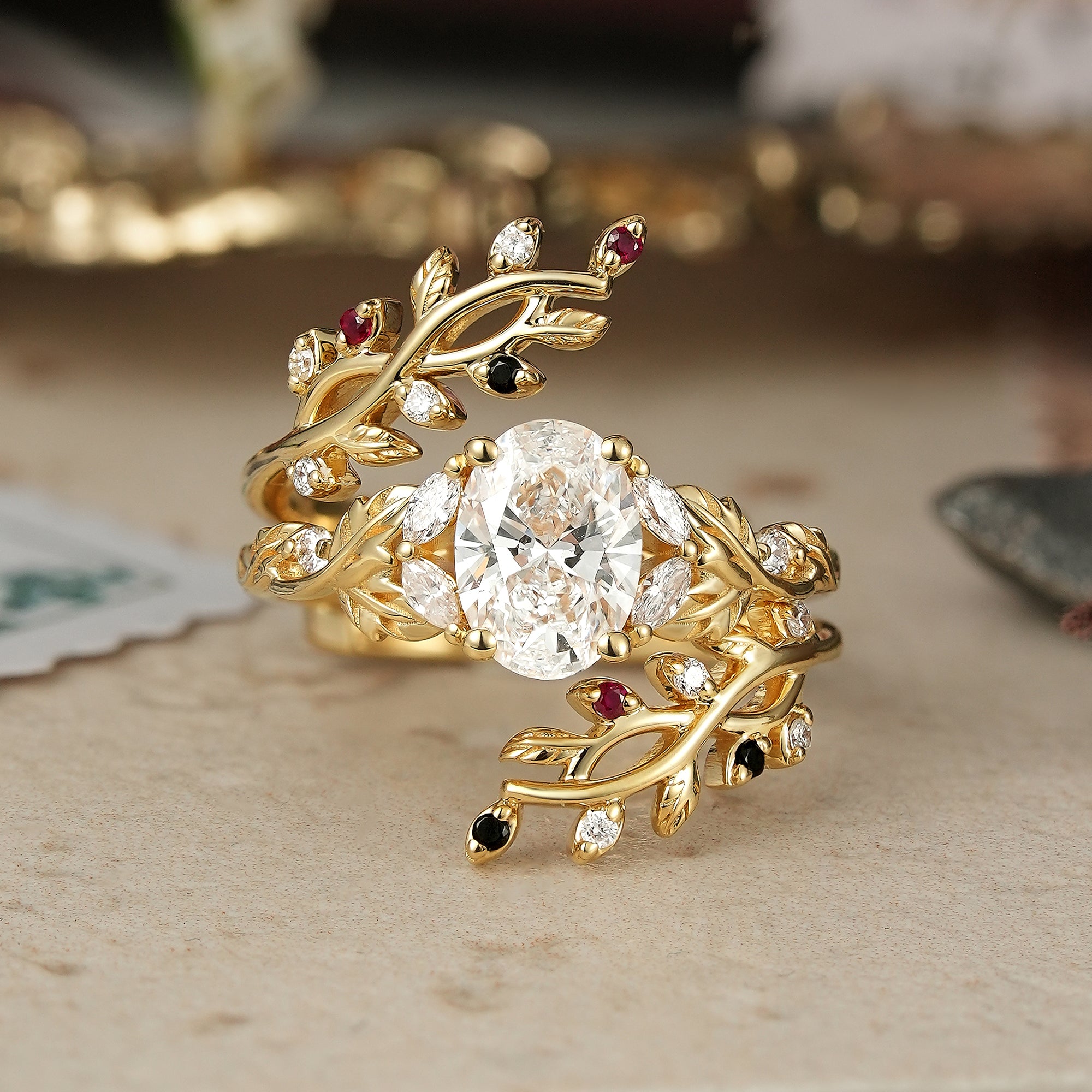 Oval Cut Lab Grown Diamond Crossed Leaf Bridal Ring Set With Cross Vine Ring Enhancer