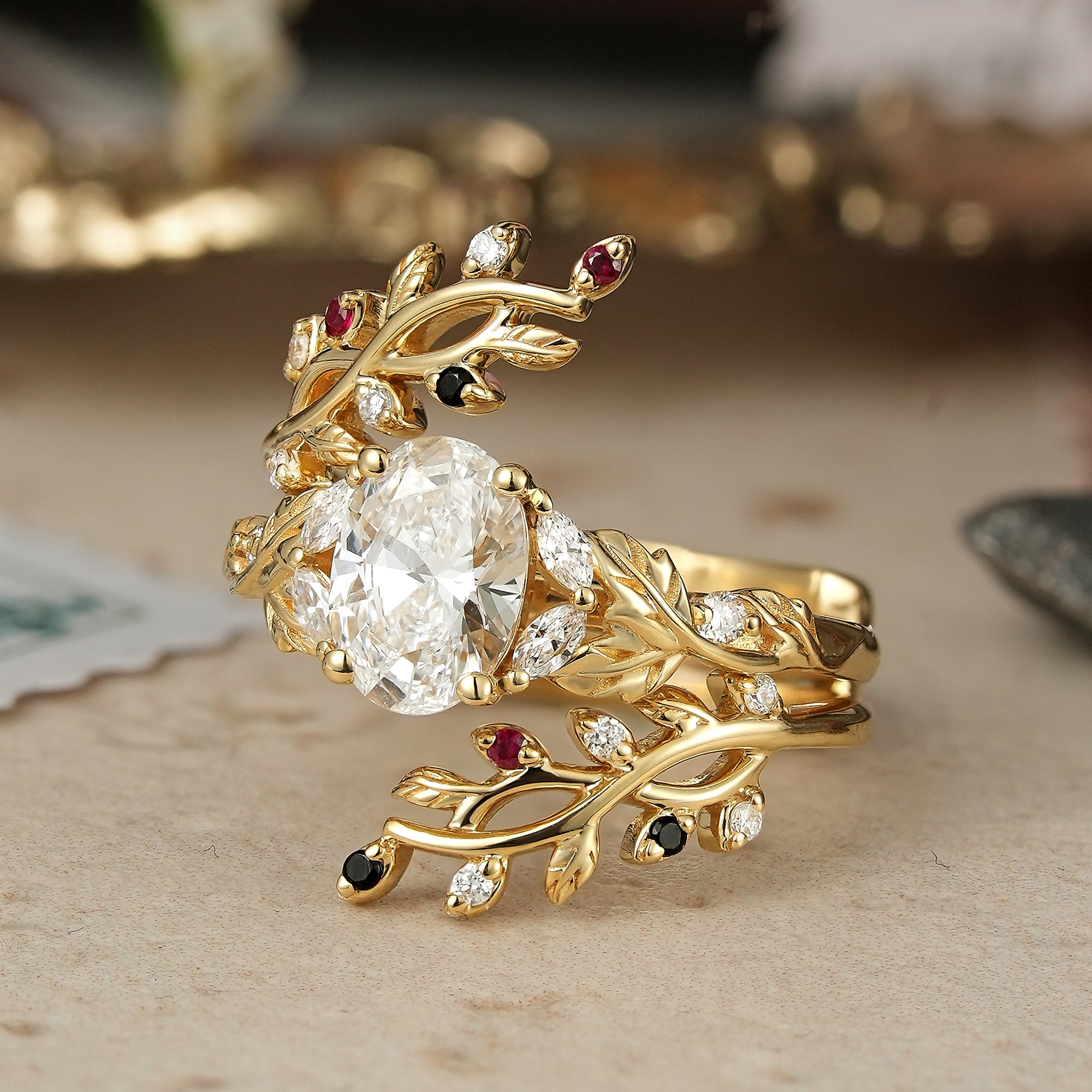 Oval Cut Lab Grown Diamond Crossed Leaf Bridal Ring Set With Cross Vine Ring Enhancer