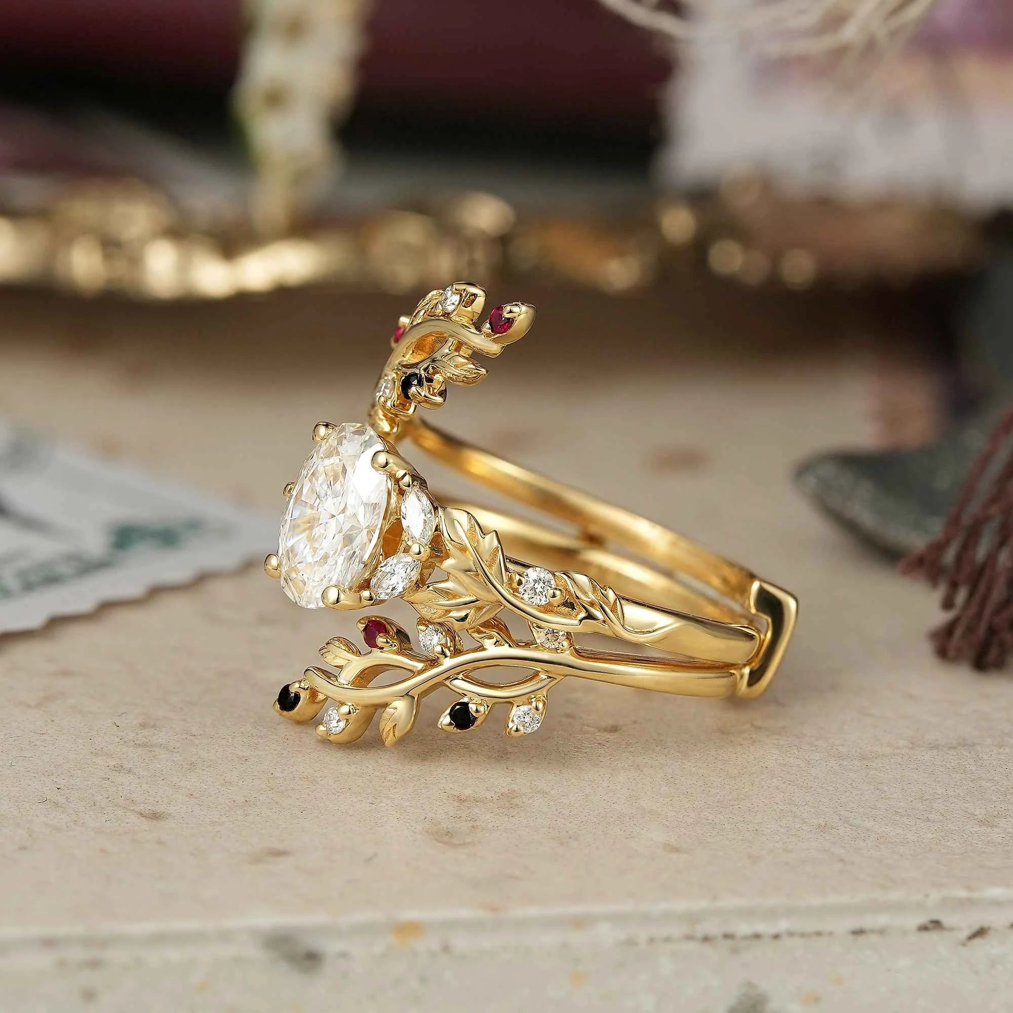 Oval Cut Lab Grown Diamond Crossed Leaf Bridal Ring Set With Cross Vine Ring Enhancer