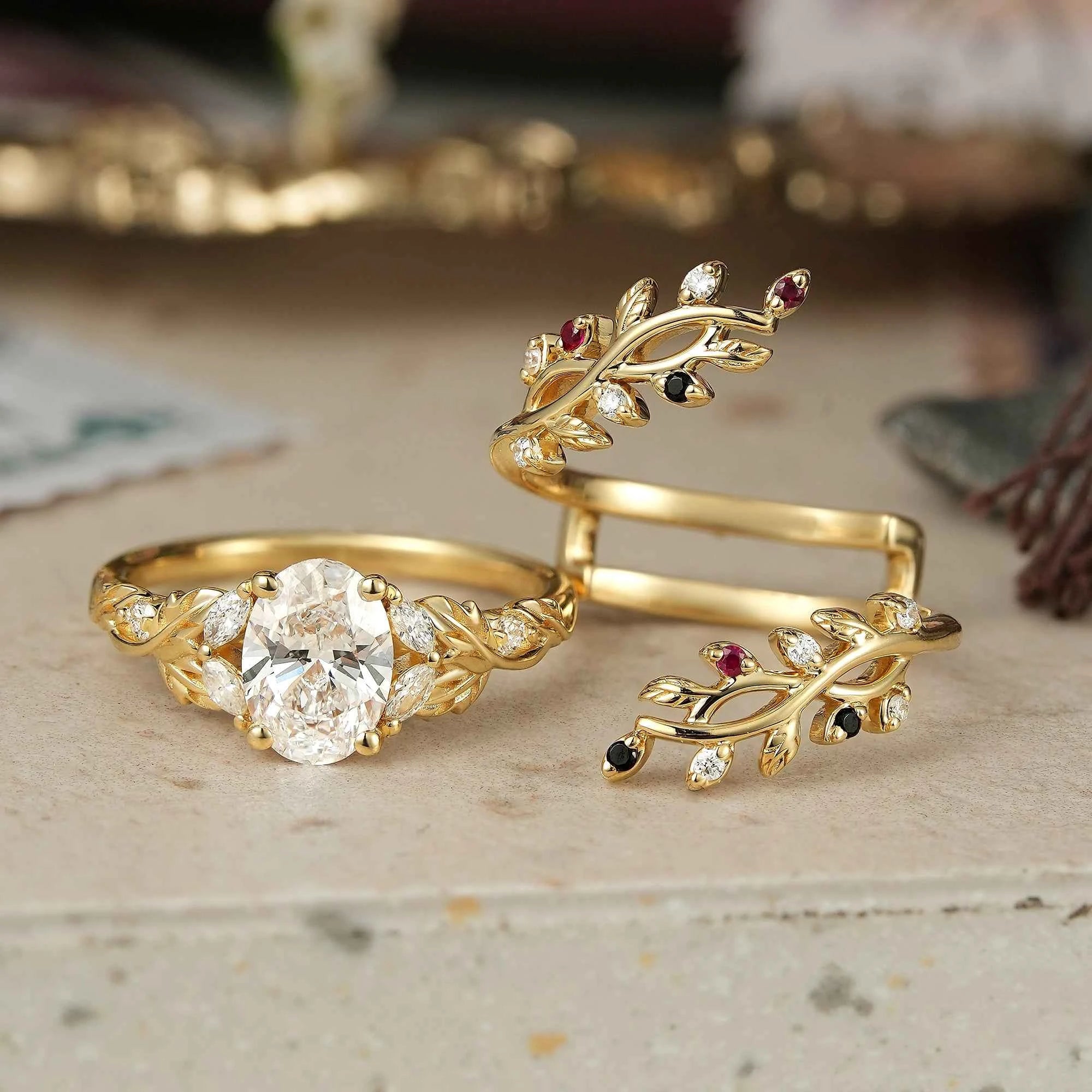 Oval Cut Lab Grown Diamond Crossed Leaf Bridal Ring Set With Cross Vine Ring Enhancer