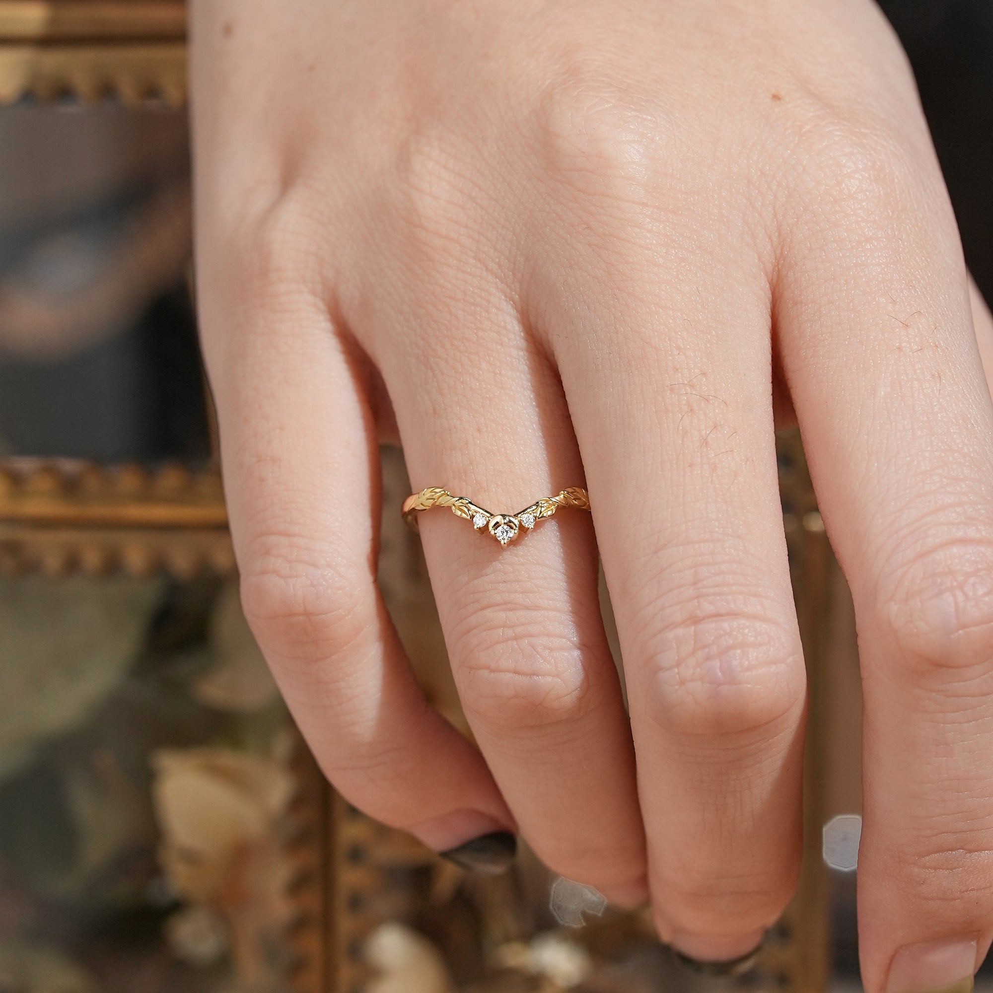 Moissanite Moon And Leaf Inspired Curved Wedding Band - Melia