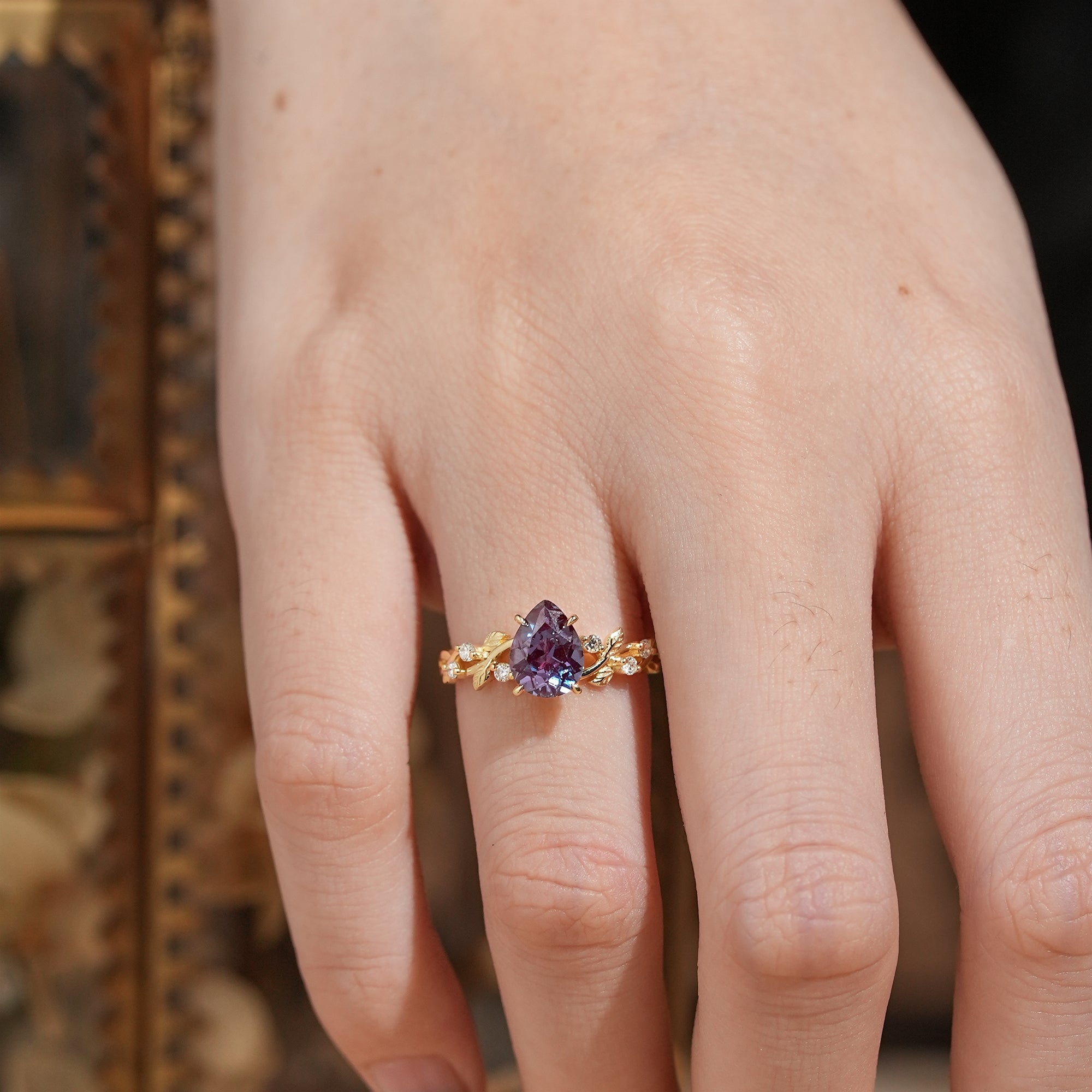 Pear Cut Alexandrite Nature Inspired Engagement Ring