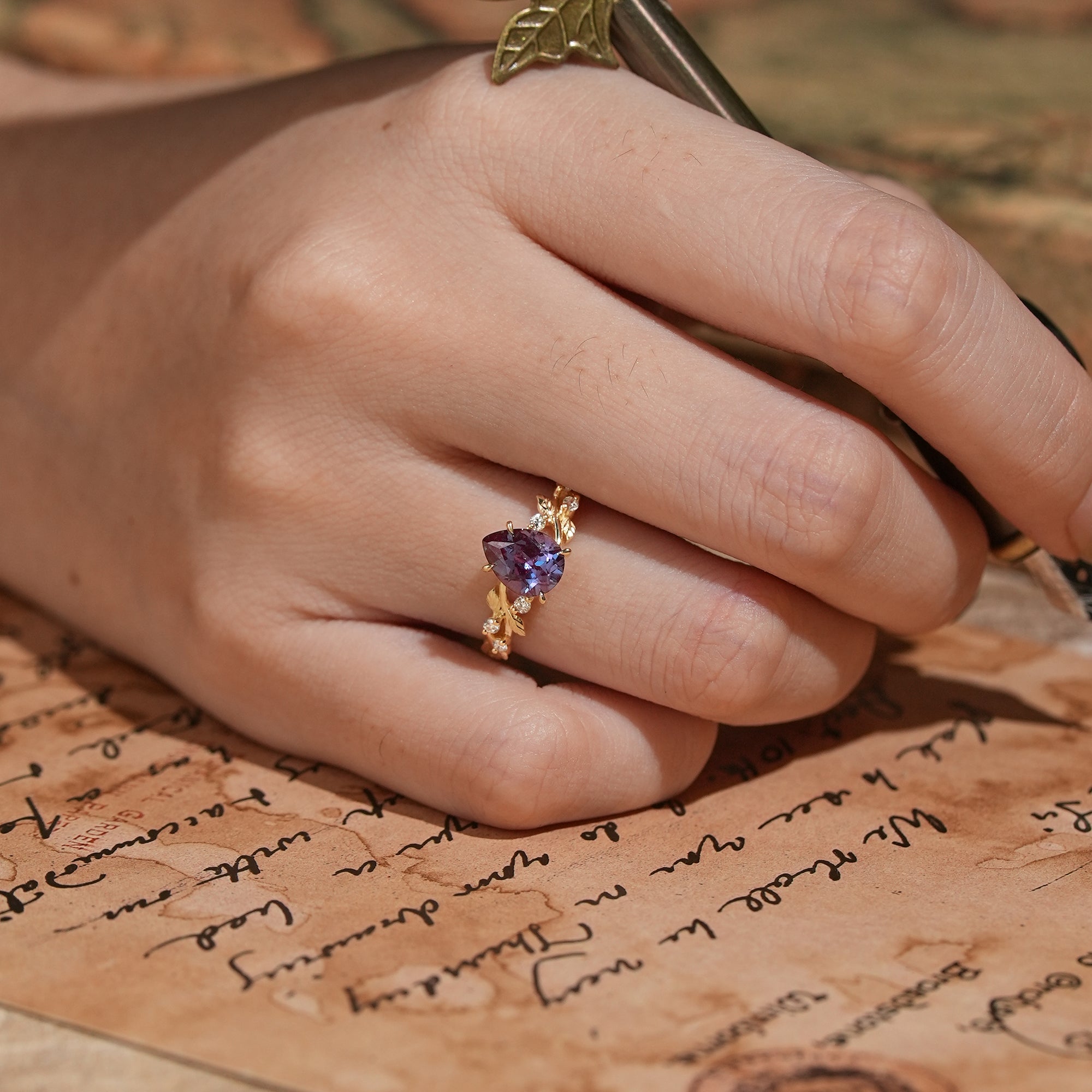 Pear Cut Alexandrite Nature Inspired Engagement Ring