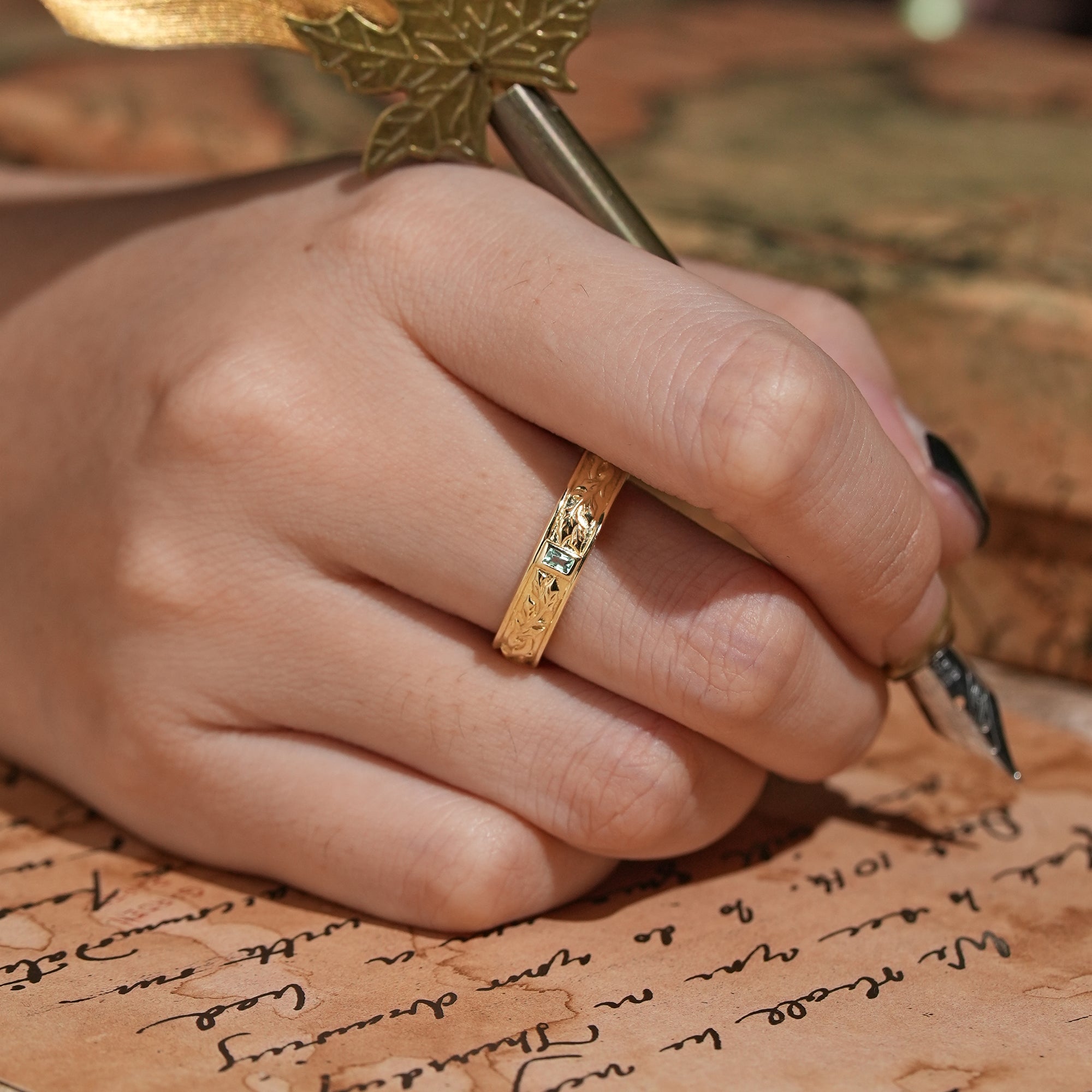 Bezel Baguette Cut Green Sapphire Nature Inspired Mistletoe Men's Ring - Harrison