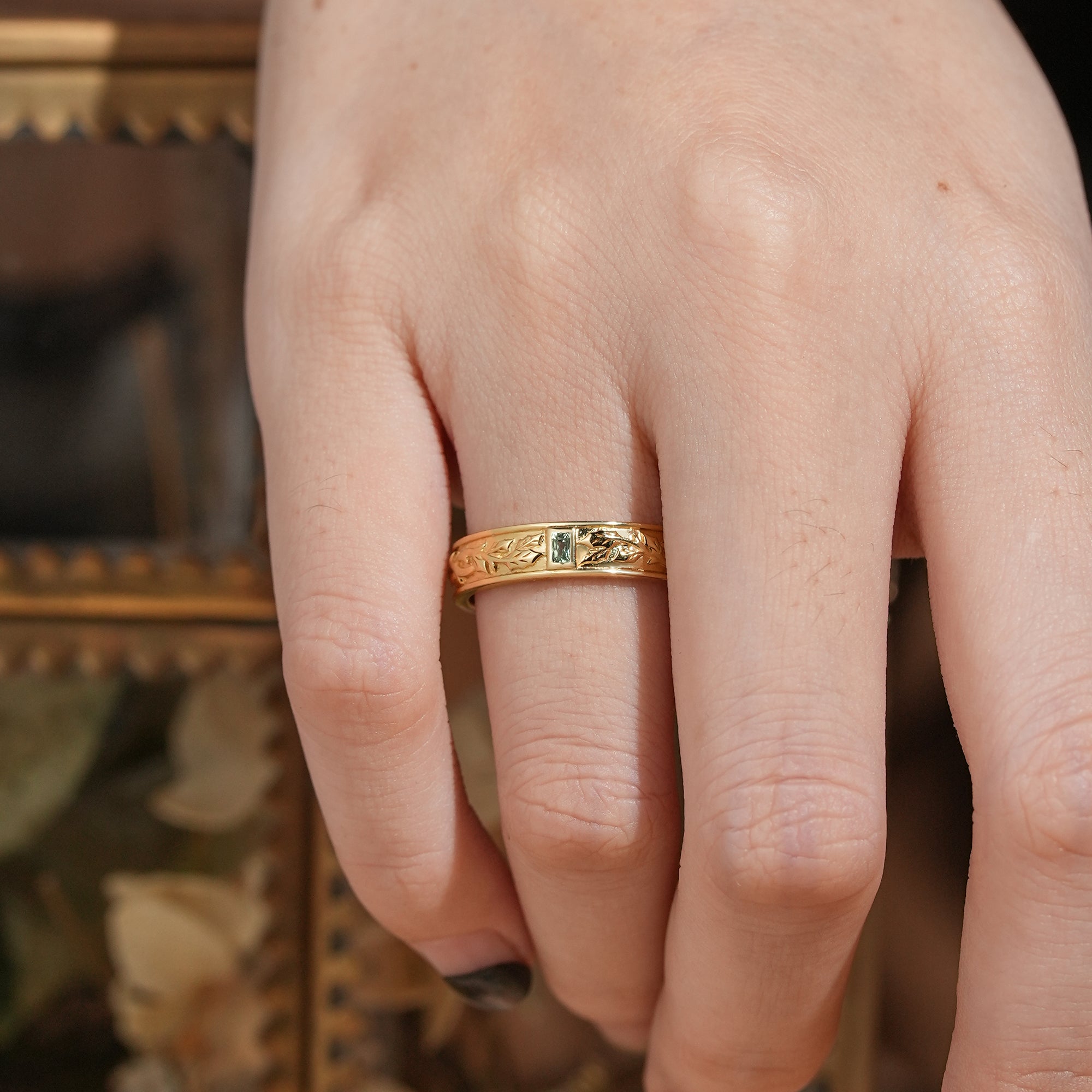 Bezel Baguette Cut Green Sapphire Nature Inspired Mistletoe Men's Ring - Harrison