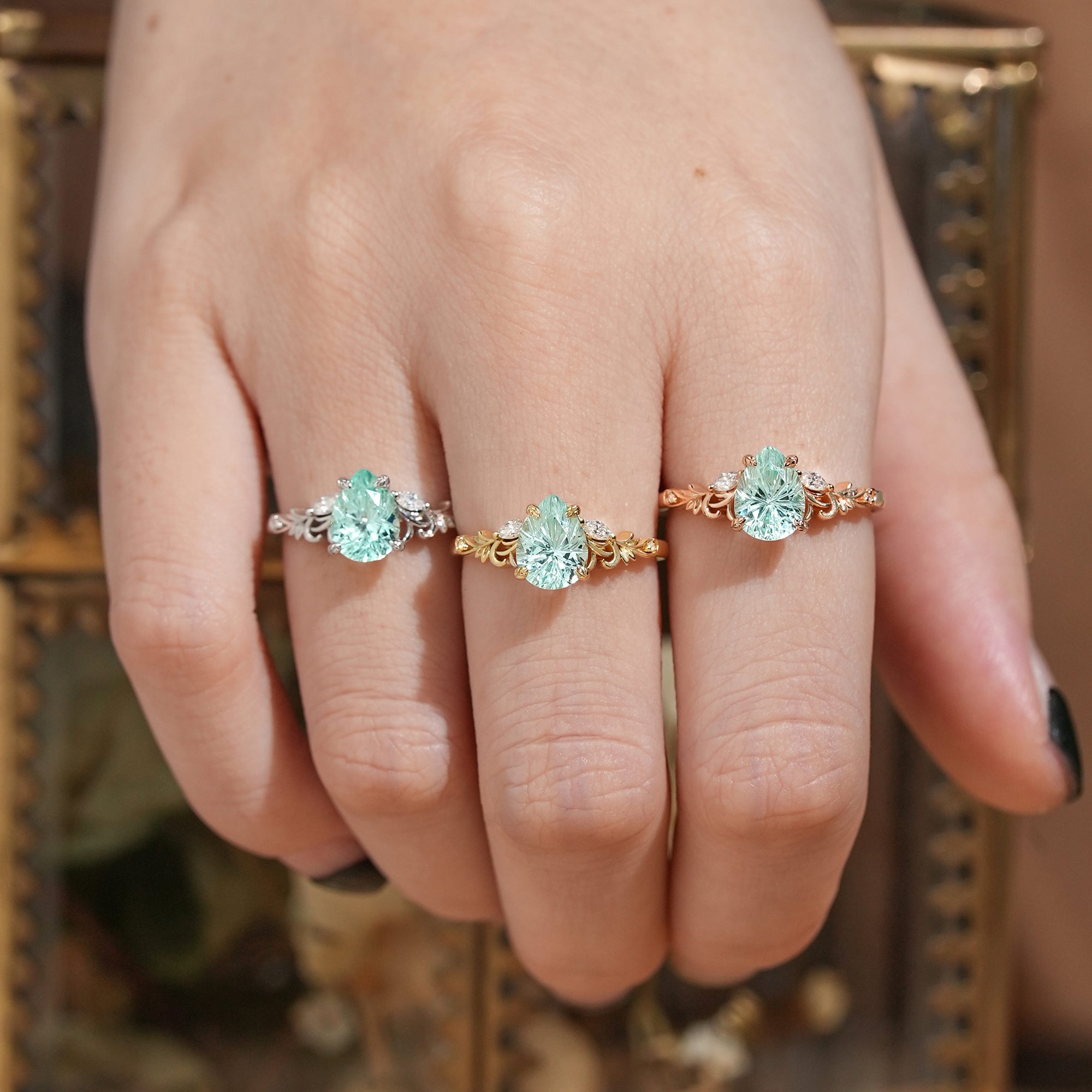 Olive Branch Inspired Sparkle Cut Green Sapphire Engagement Ring - Rene