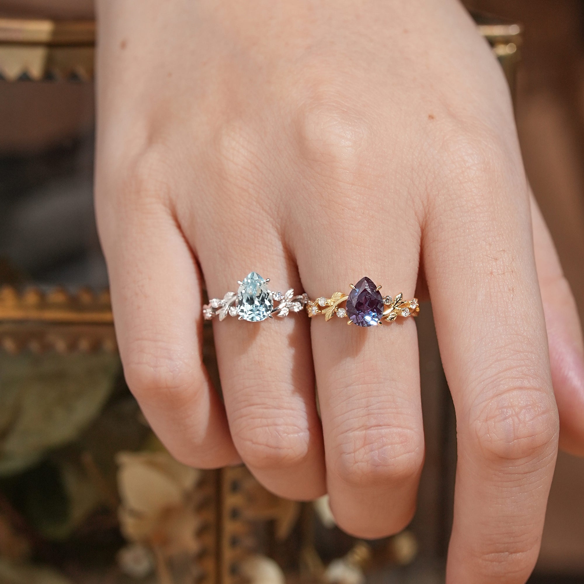 Pear Cut Alexandrite Nature Inspired Engagement Ring