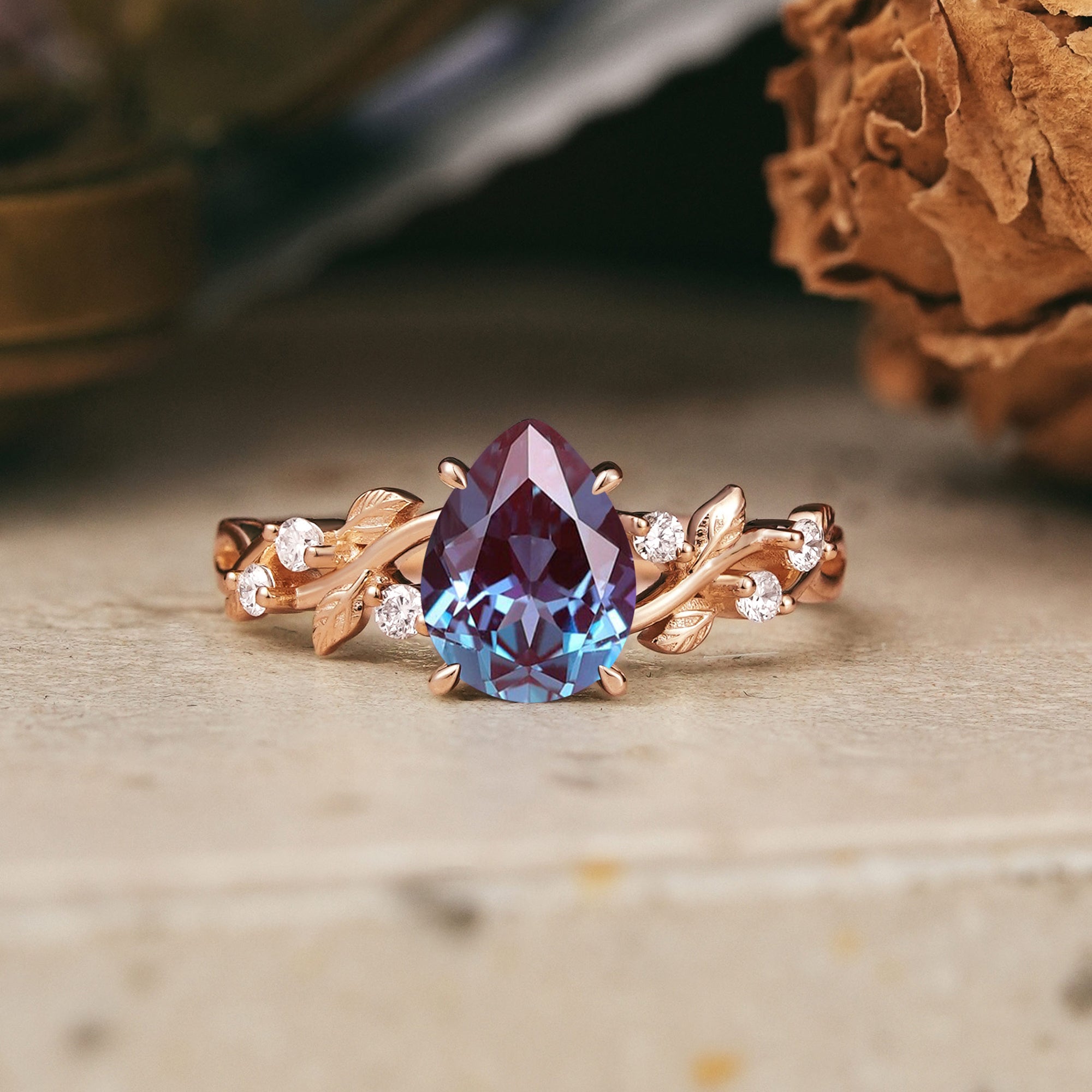 Pear Cut Alexandrite Nature Inspired Engagement Ring