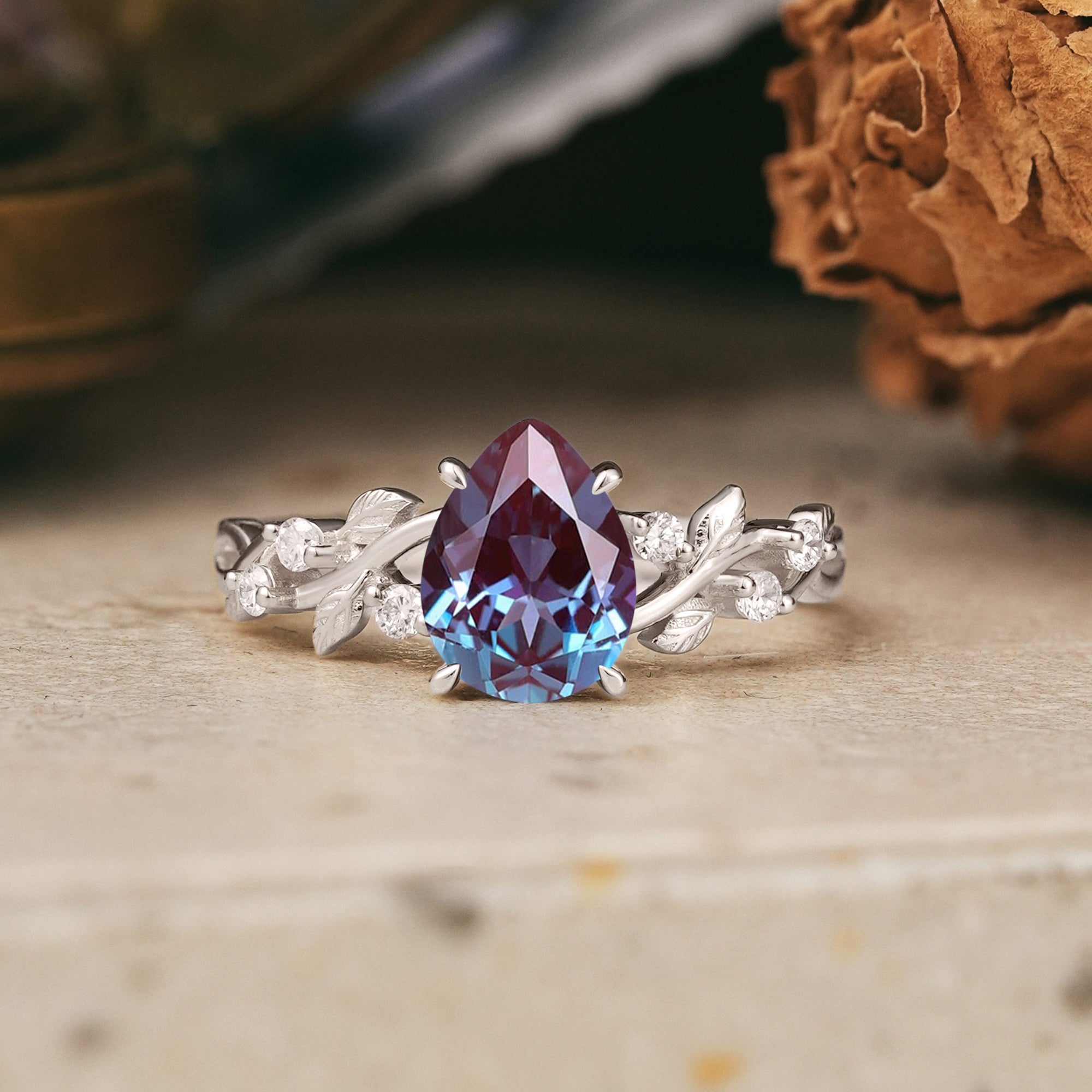 Pear Cut Alexandrite Nature Inspired Engagement Ring