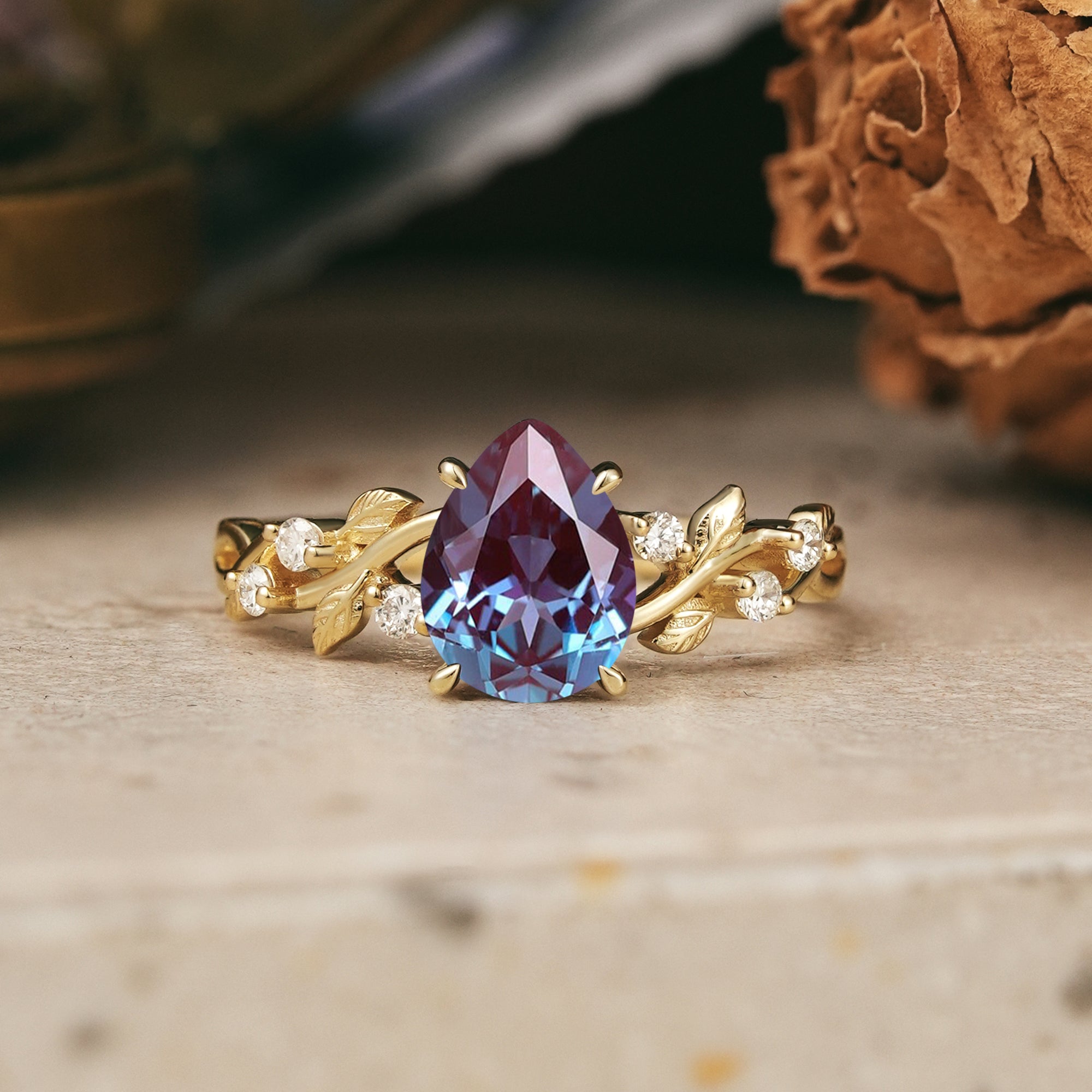 Pear Cut Alexandrite Nature Inspired Engagement Ring