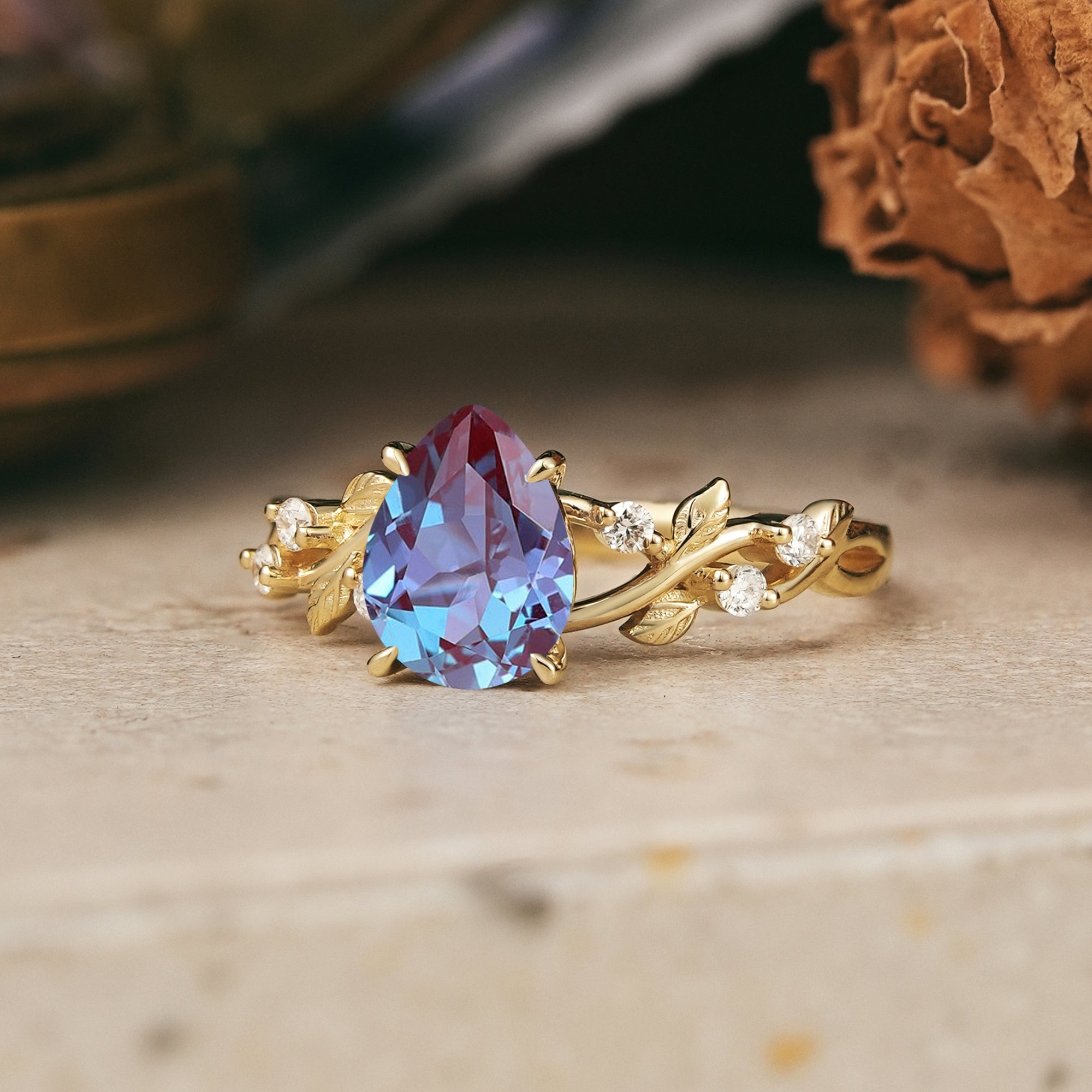 Pear Cut Alexandrite Nature Inspired Engagement Ring