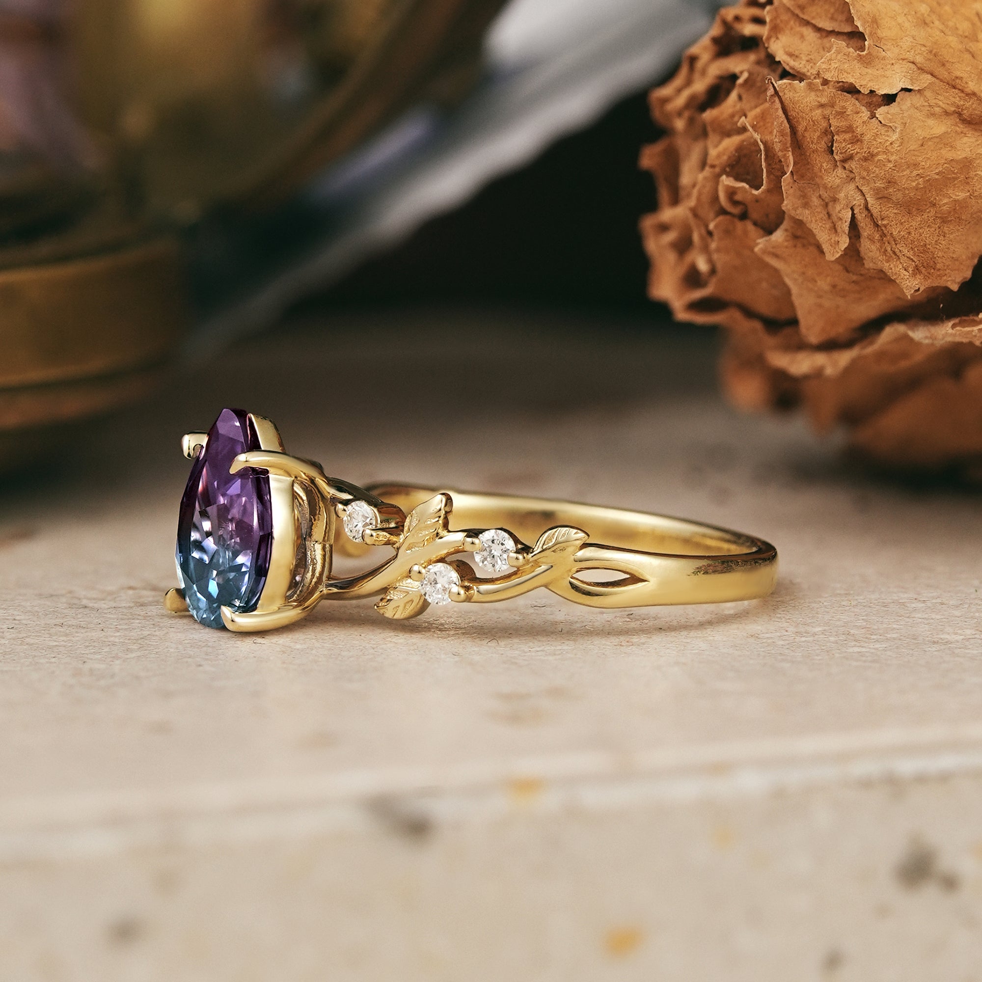 Pear Cut Alexandrite Nature Inspired Engagement Ring
