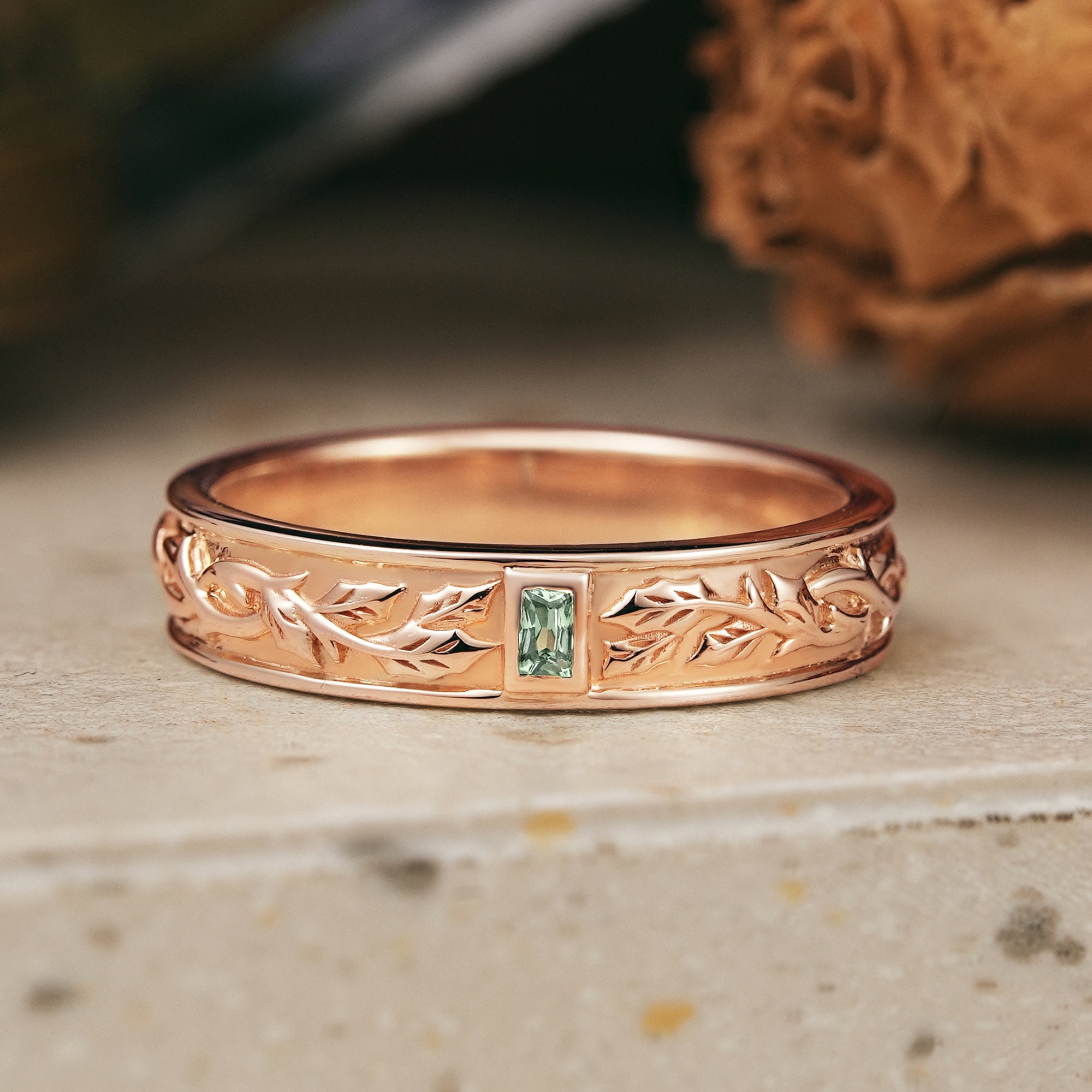 Bezel Baguette Cut Green Sapphire Nature Inspired Mistletoe Men's Ring - Harrison