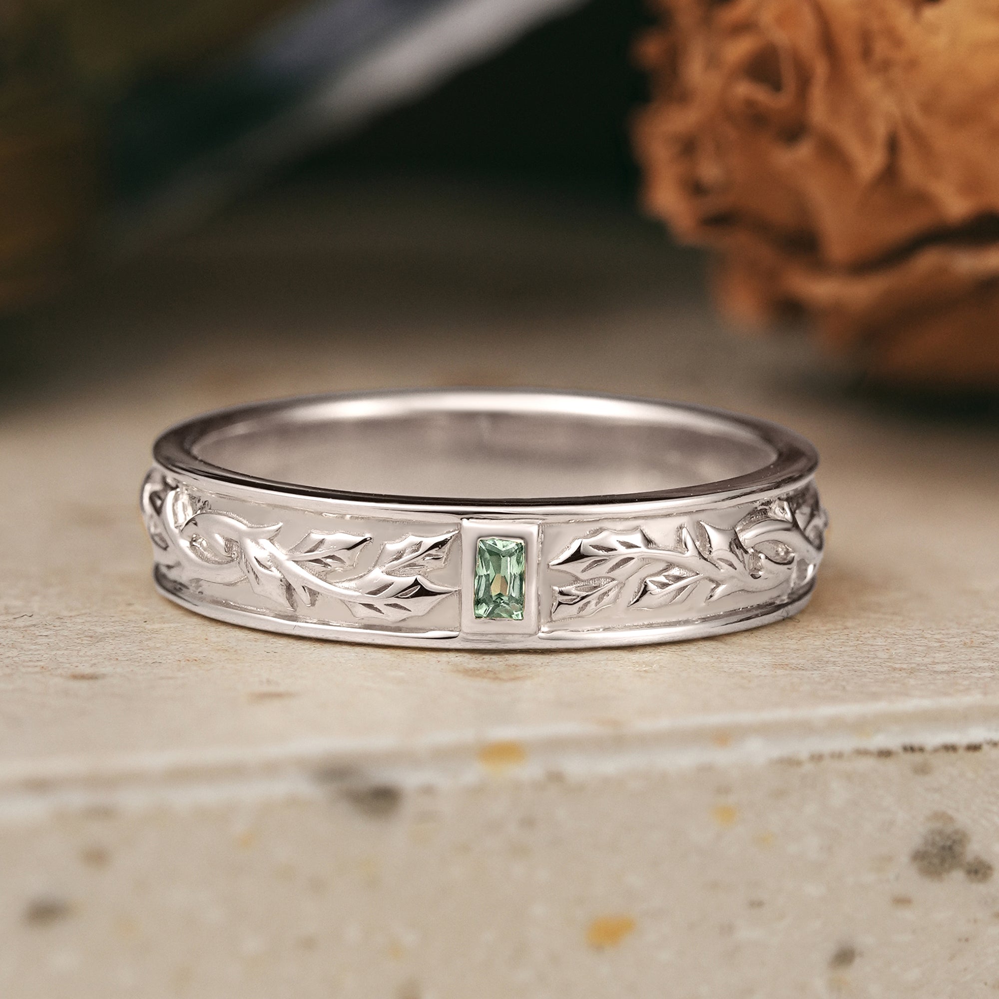 Bezel Baguette Cut Green Sapphire Nature Inspired Mistletoe Men's Ring - Harrison