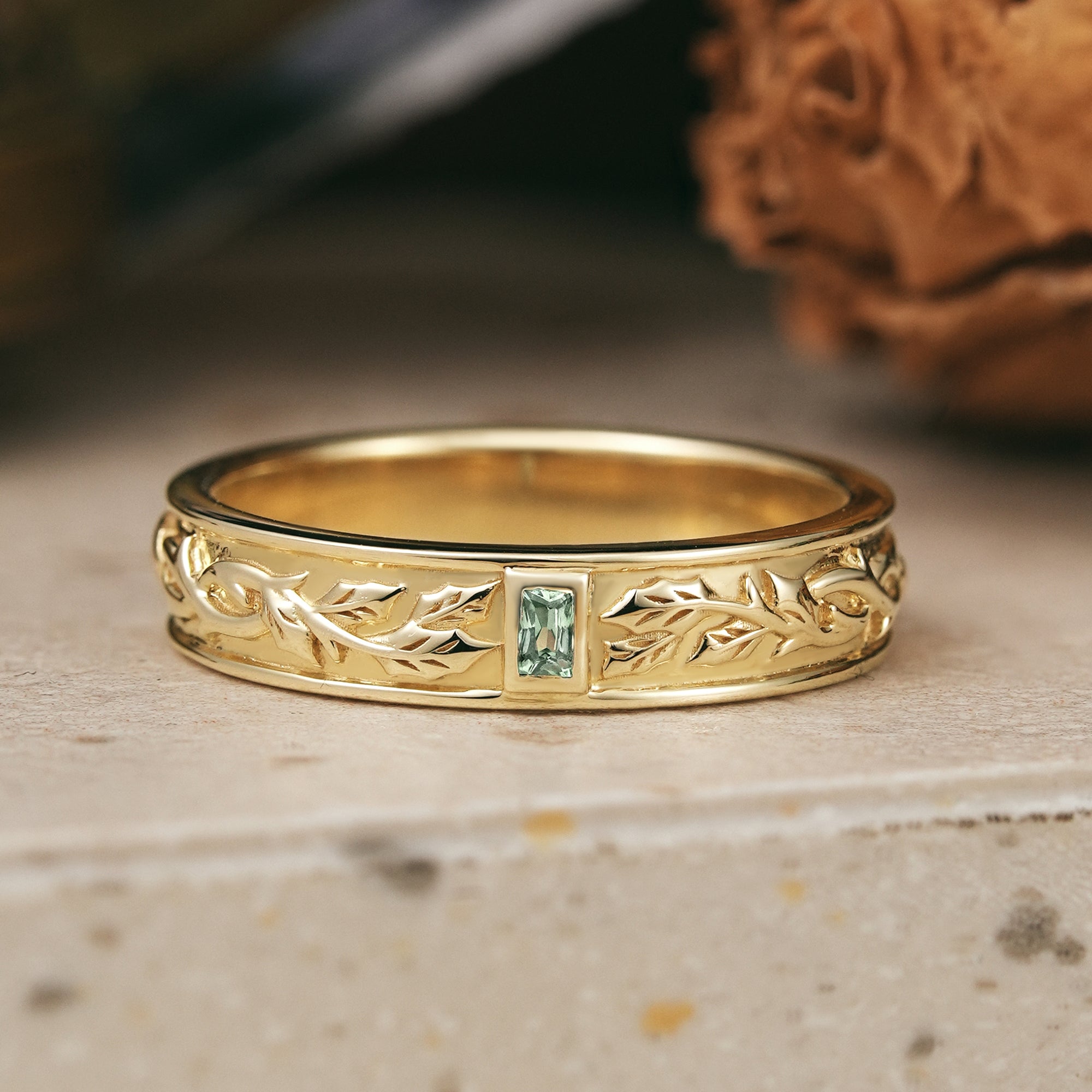 Bezel Baguette Cut Green Sapphire Nature Inspired Mistletoe Men's Ring - Harrison