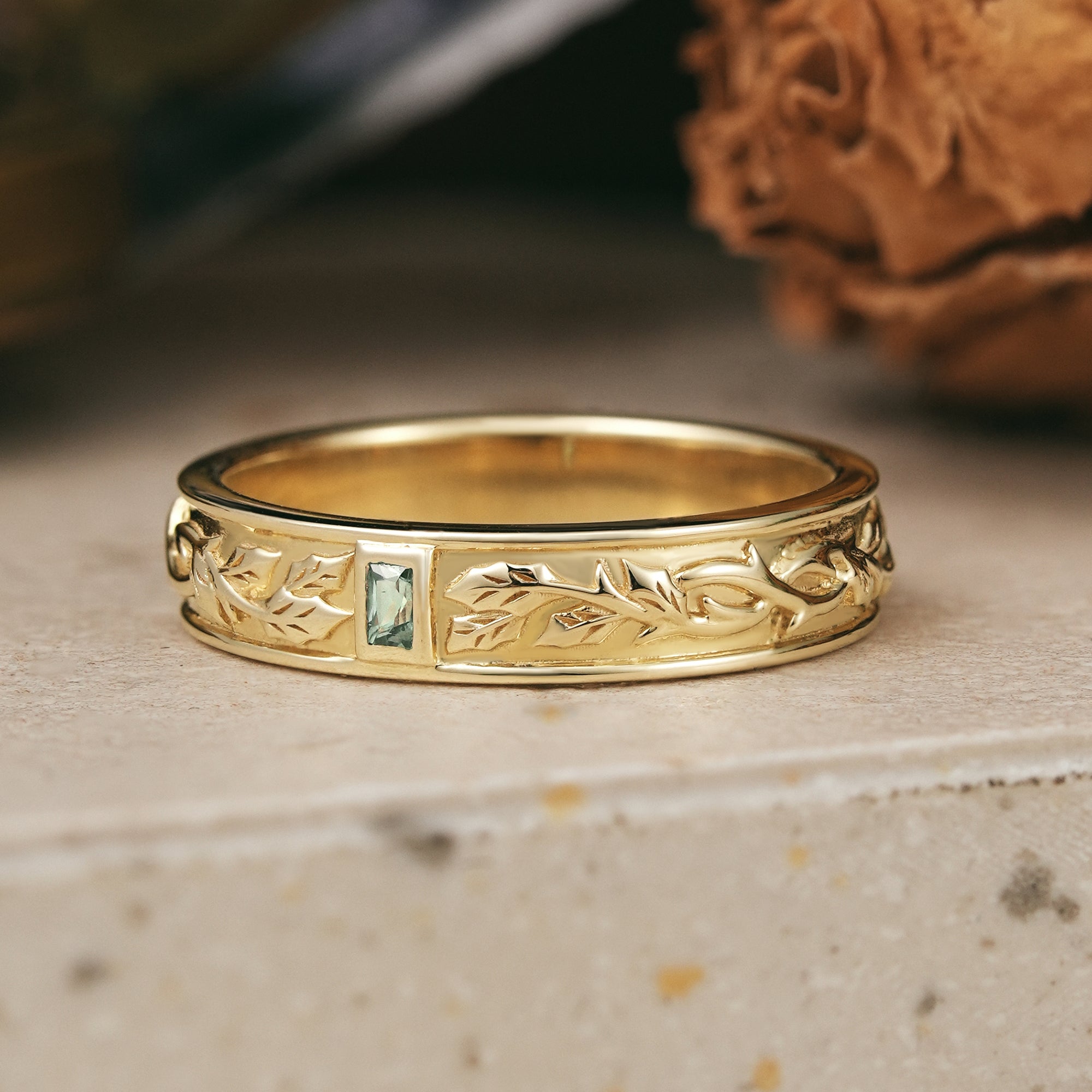 Bezel Baguette Cut Green Sapphire Nature Inspired Mistletoe Men's Ring - Harrison