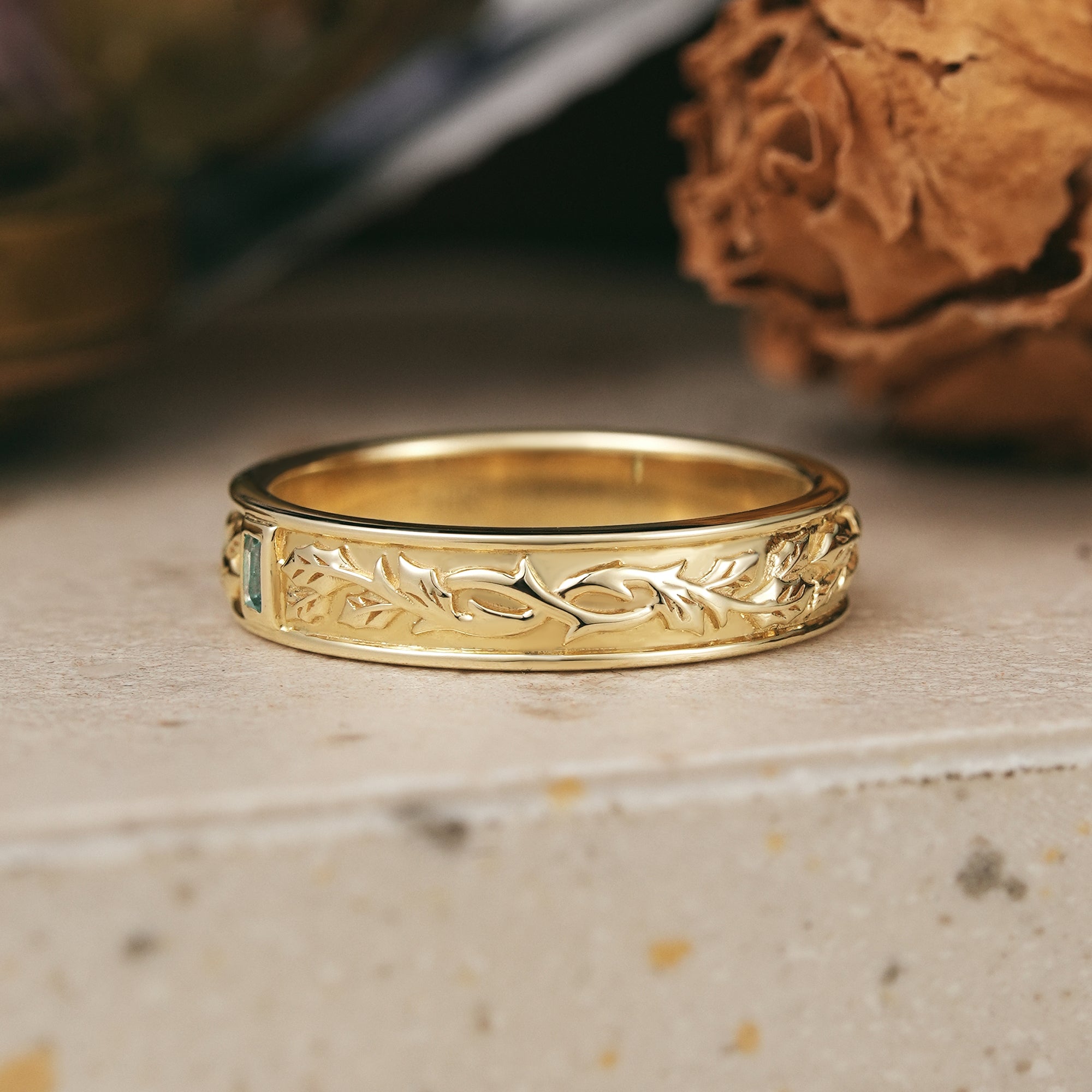 Bezel Baguette Cut Green Sapphire Nature Inspired Mistletoe Men's Ring - Harrison