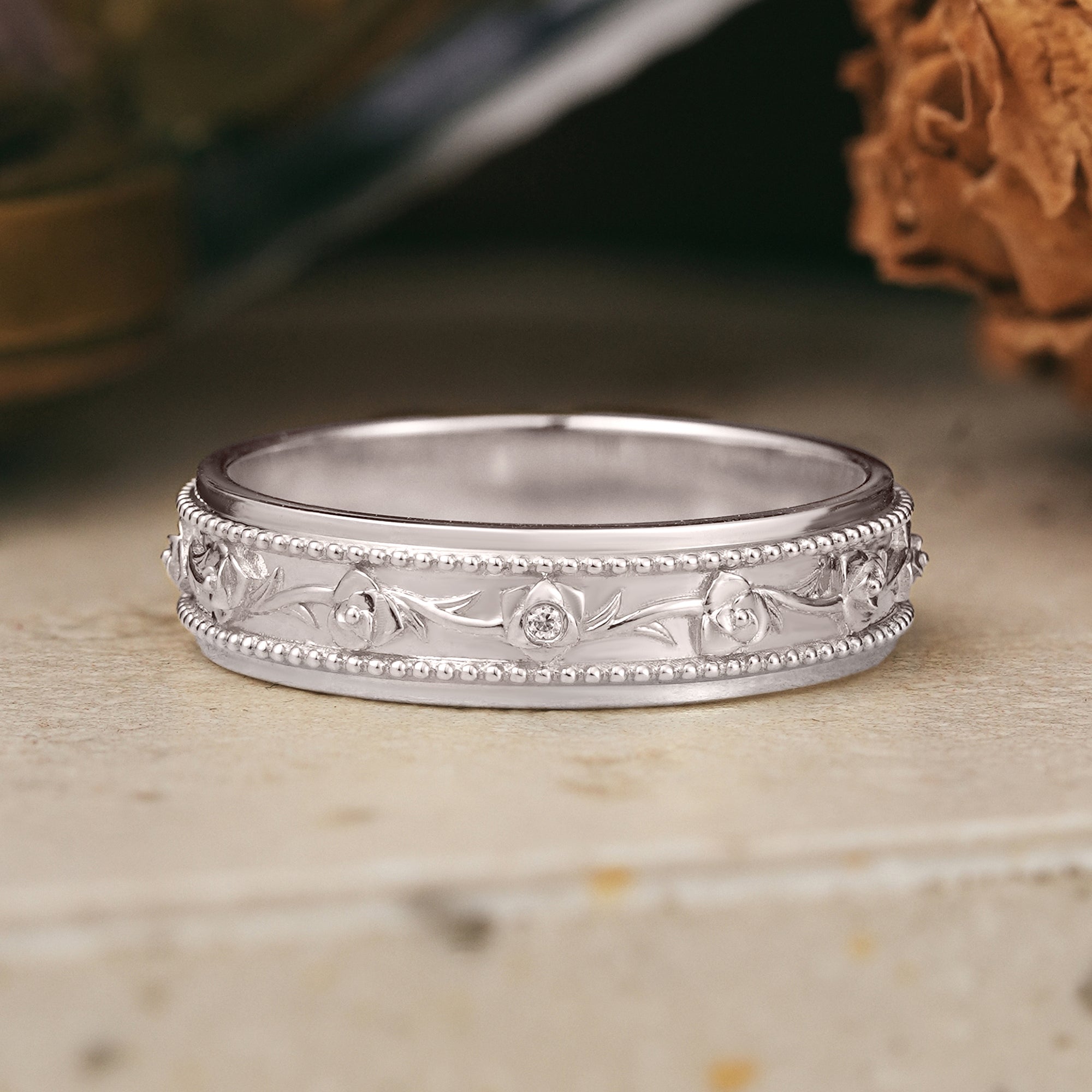 Moissanite Flower Inspired Milgrain Men's Band - Regan