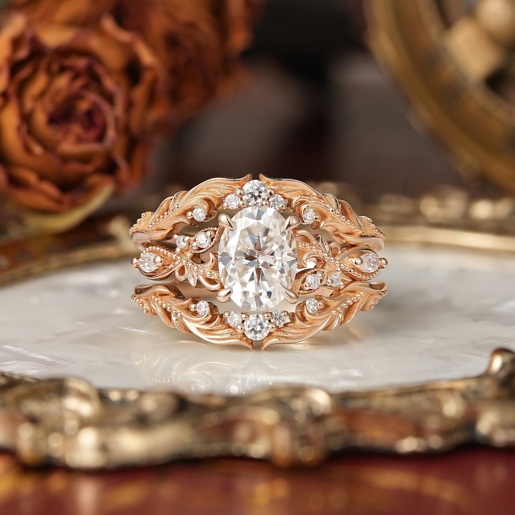 Oval Cut Moissanite Leaf And Vine Inspired Milgrain Bridal Ring Set With Enhancer - Britney