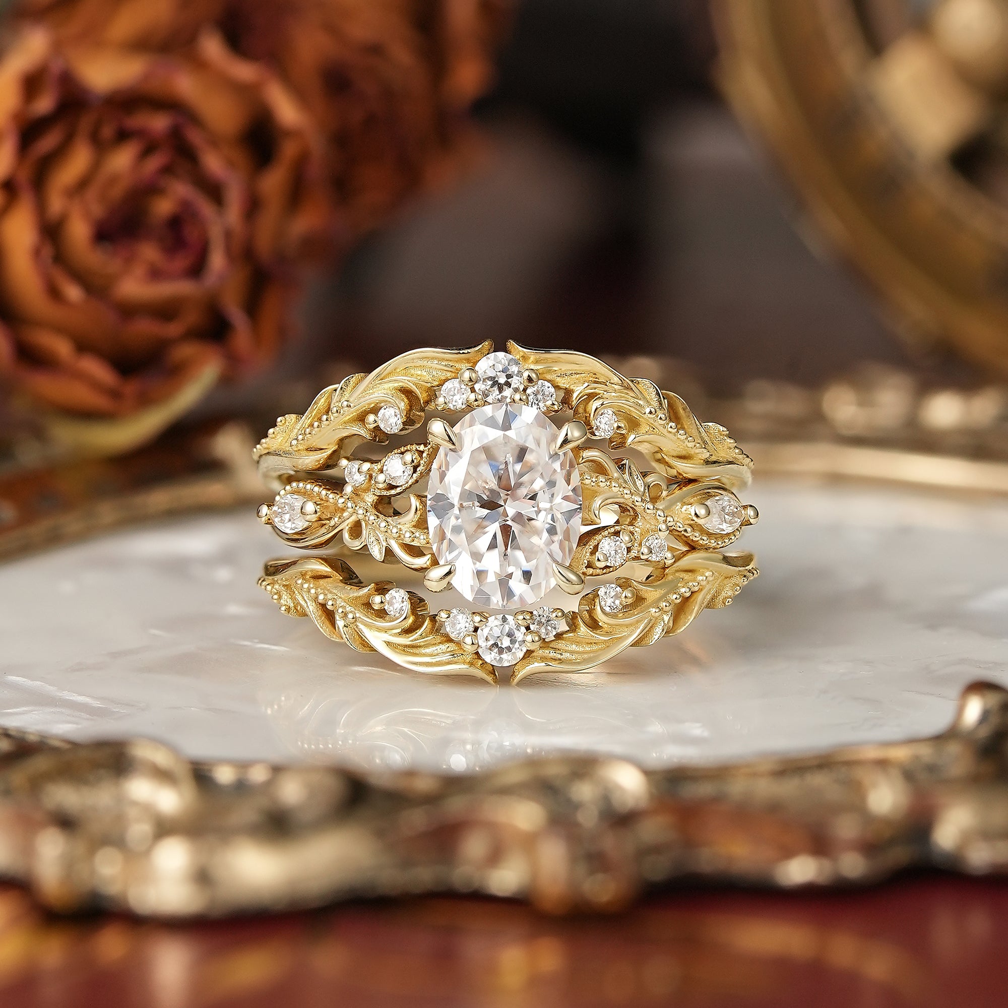 Oval Cut Moissanite Leaf And Vine Inspired Milgrain Bridal Ring Set With Enhancer - Britney