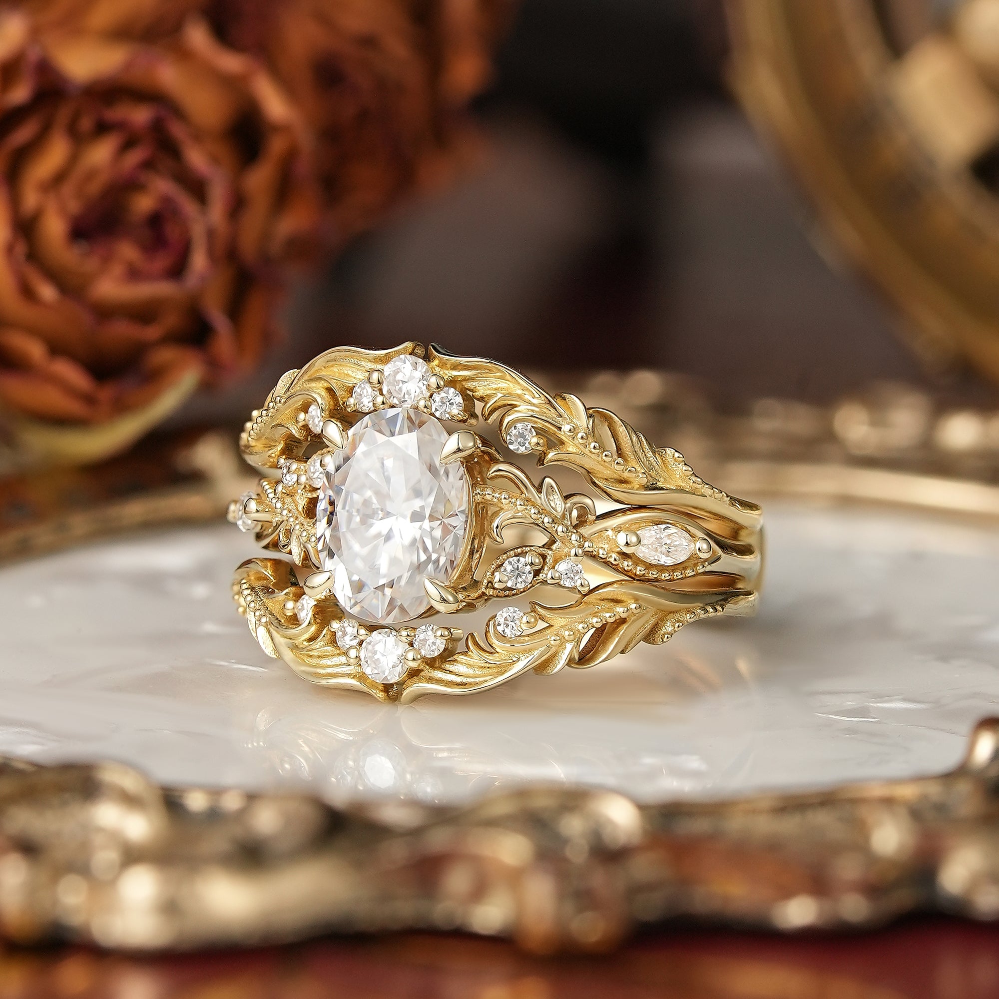 Oval Cut Moissanite Leaf And Vine Inspired Milgrain Bridal Ring Set With Enhancer - Britney