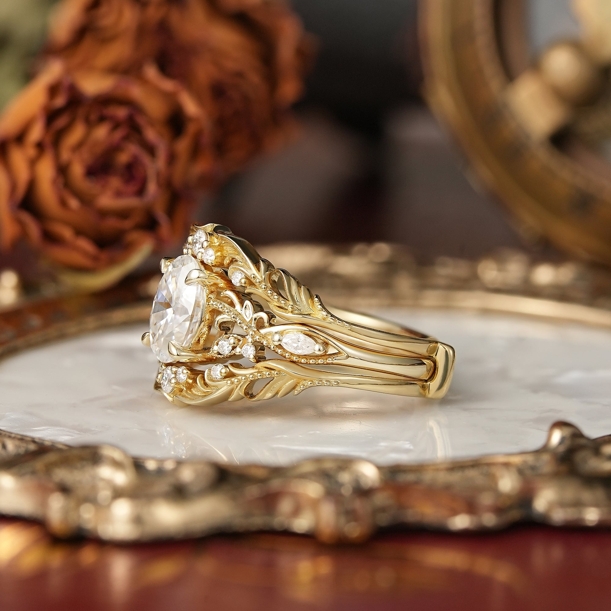 Oval Cut Moissanite Leaf And Vine Inspired Milgrain Bridal Ring Set With Enhancer - Britney