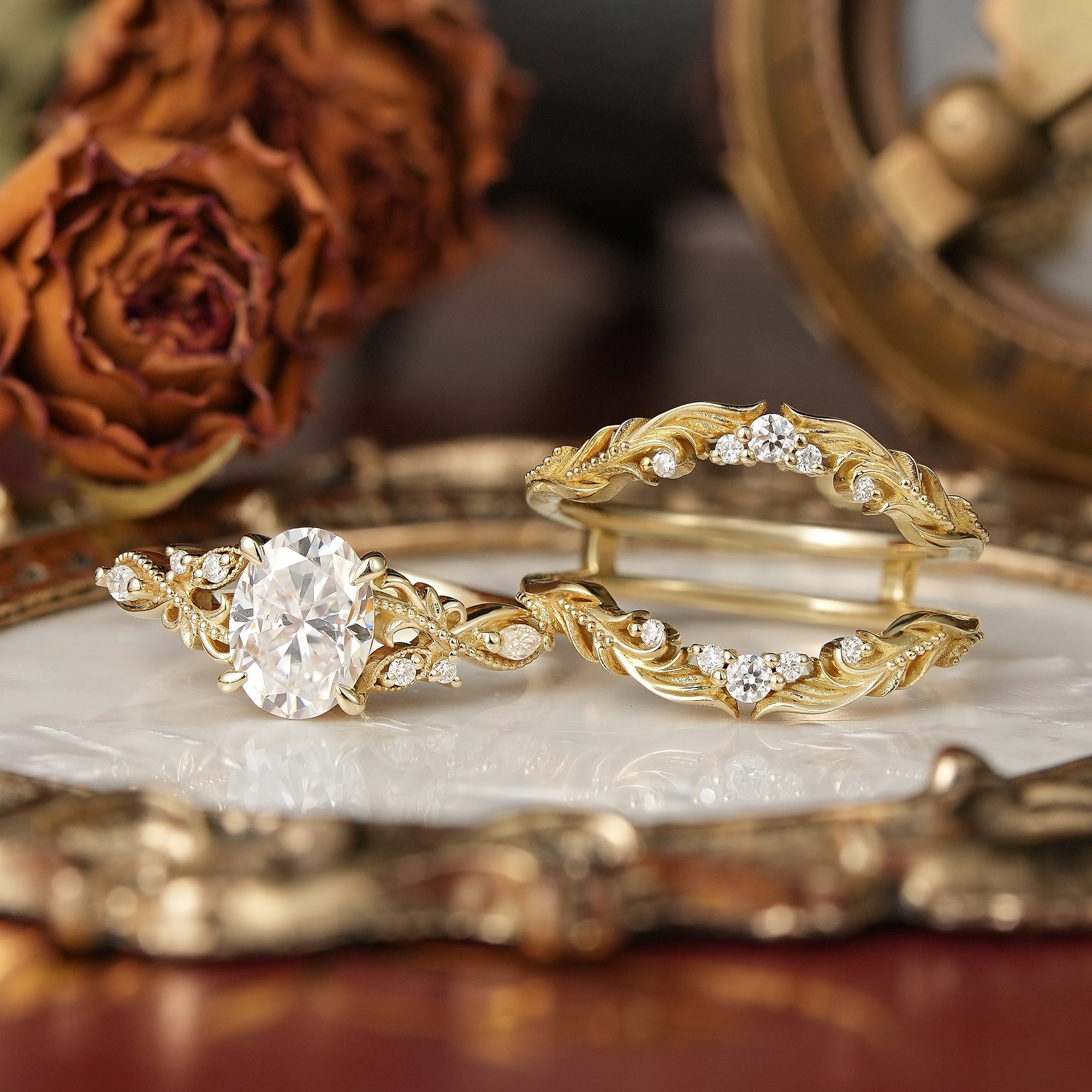 Oval Cut Moissanite Leaf And Vine Inspired Milgrain Bridal Ring Set With Enhancer - Britney