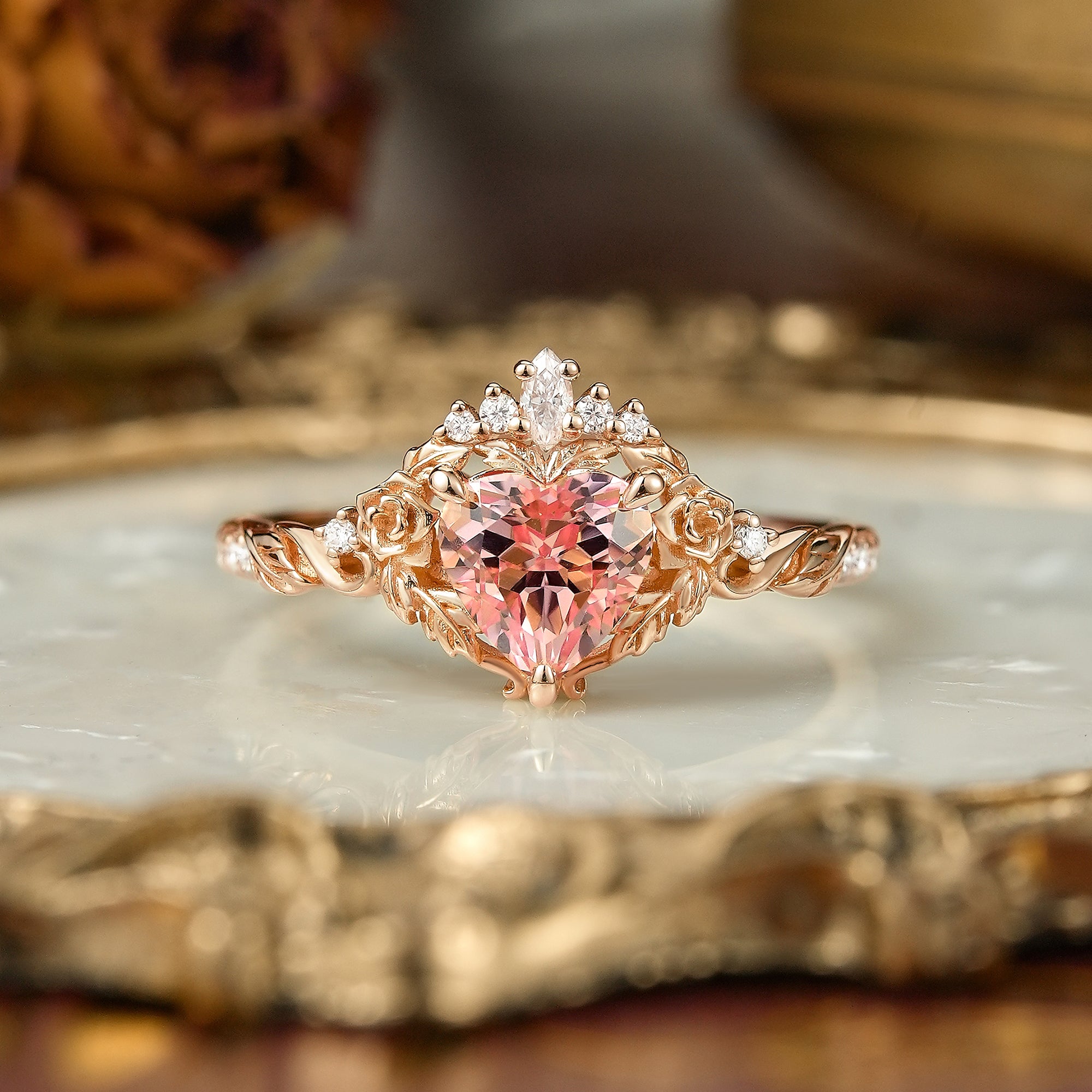 Heart Cut Pink Padparadscha Sapphire Flower Inspired Engagement Ring - Larissa