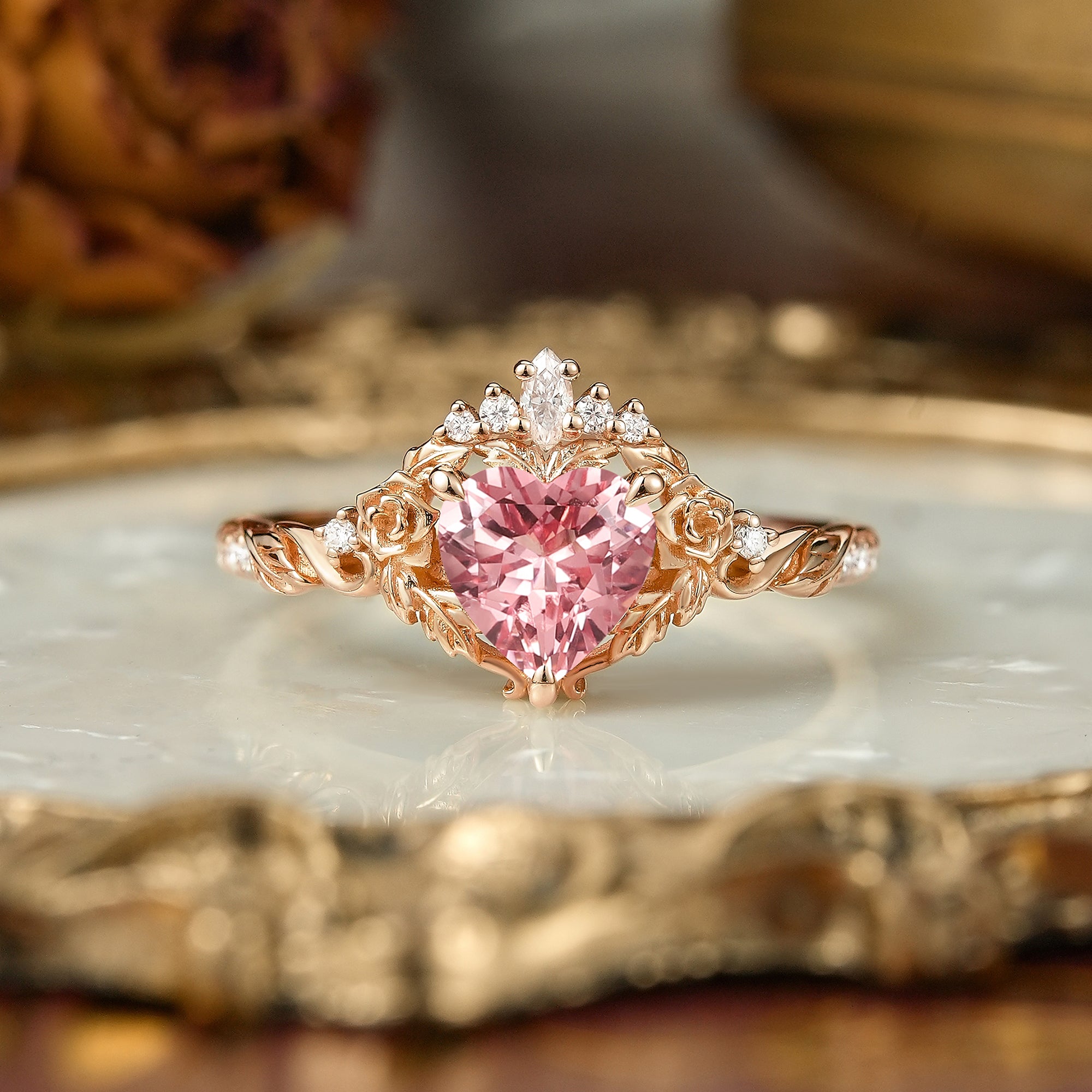 Heart Cut Pink Padparadscha Sapphire Flower Inspired Engagement Ring - Larissa