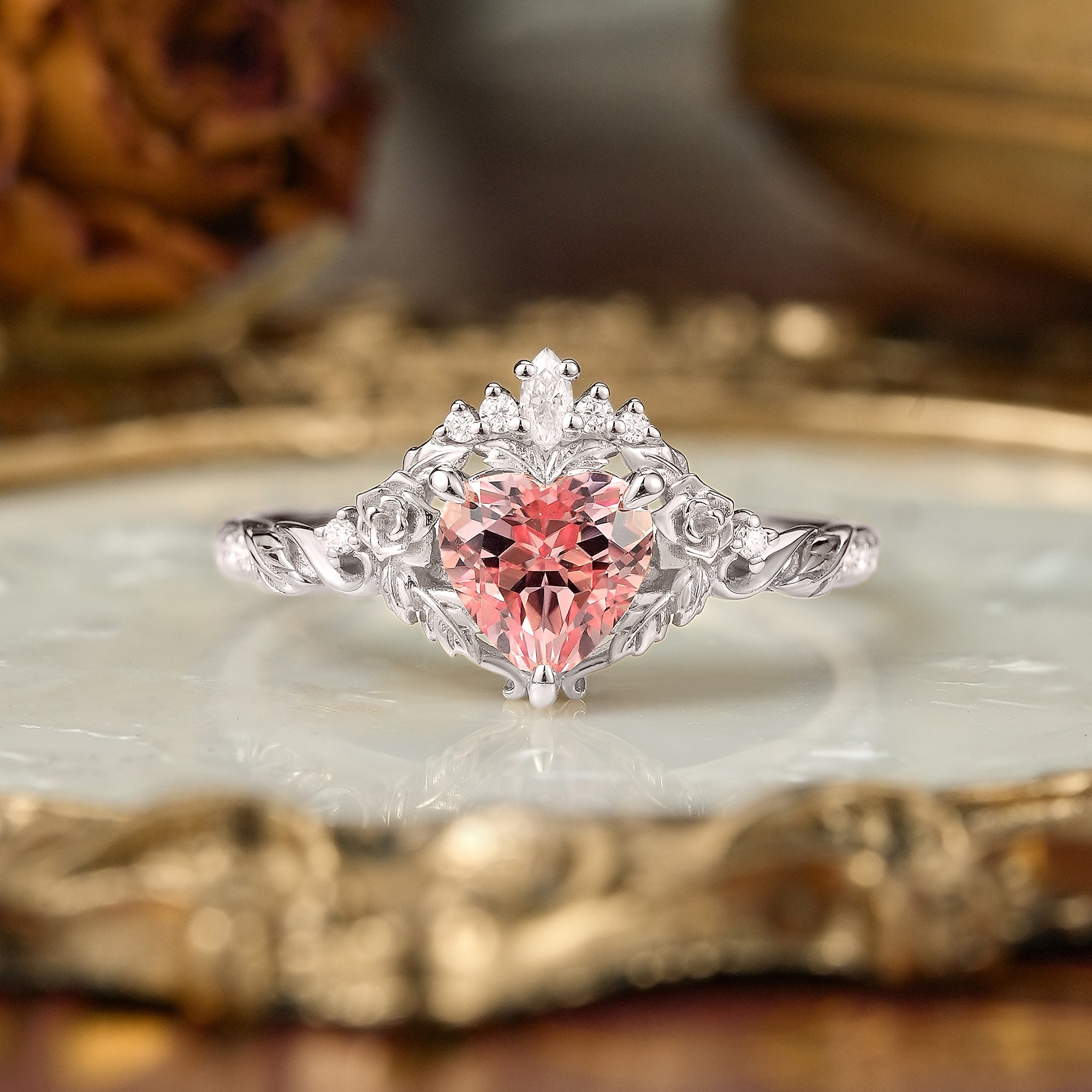 Heart Cut Pink Padparadscha Sapphire Flower Inspired Engagement Ring - Larissa