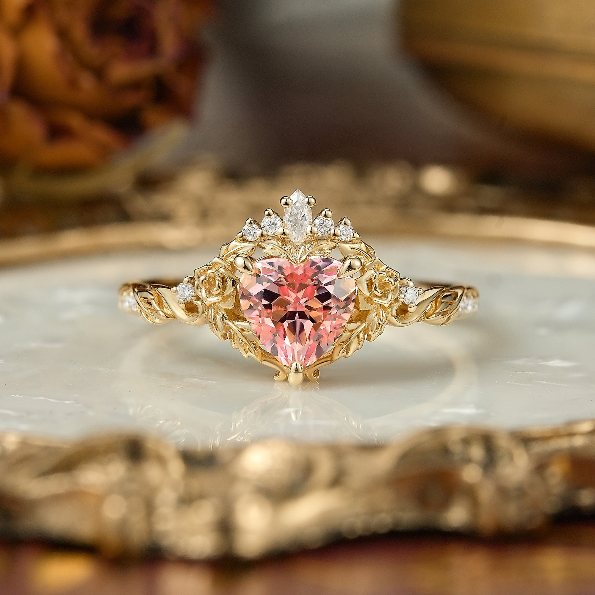 Heart Cut Pink Padparadscha Sapphire Flower Inspired Engagement Ring - Larissa