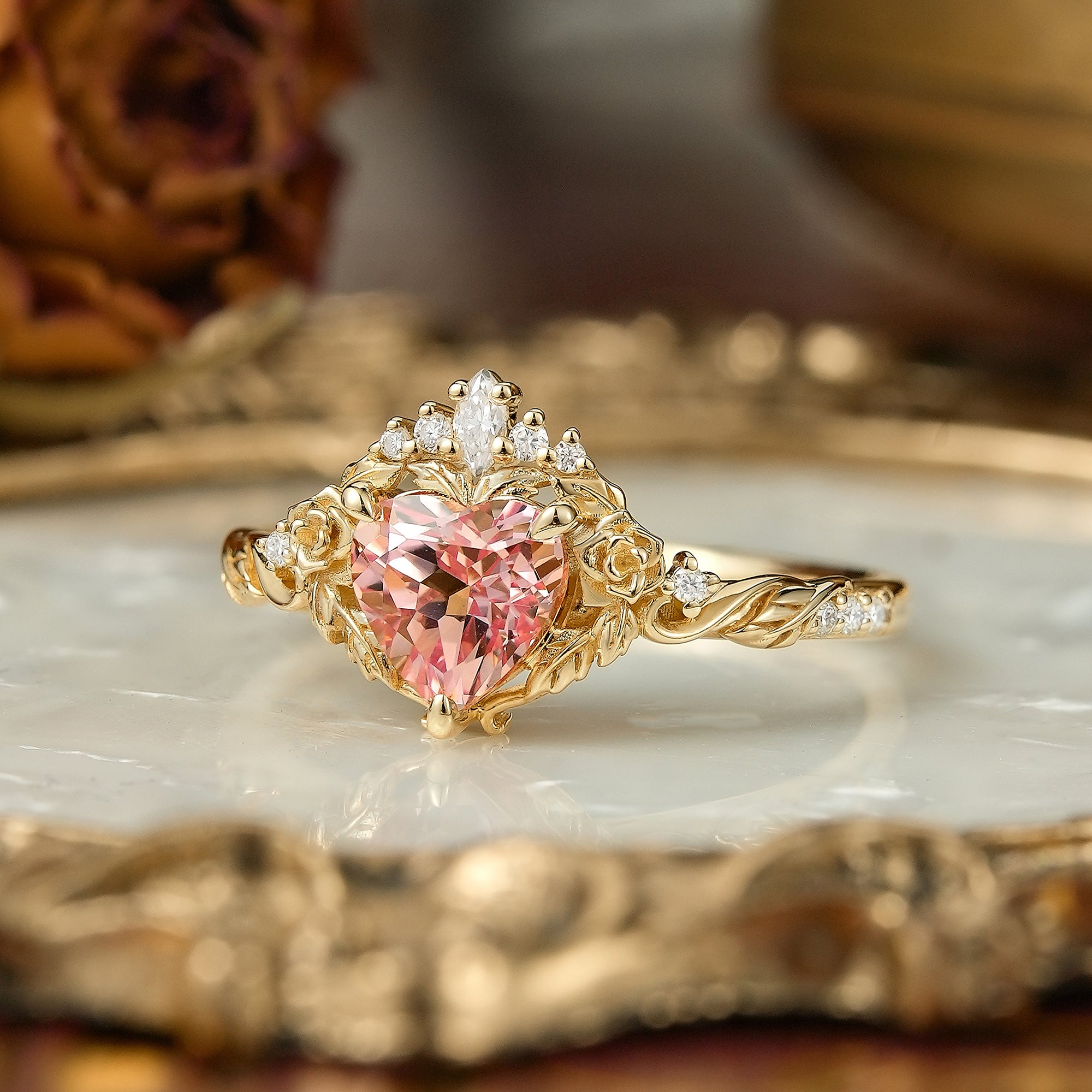 Heart Cut Pink Padparadscha Sapphire Flower Inspired Engagement Ring - Larissa