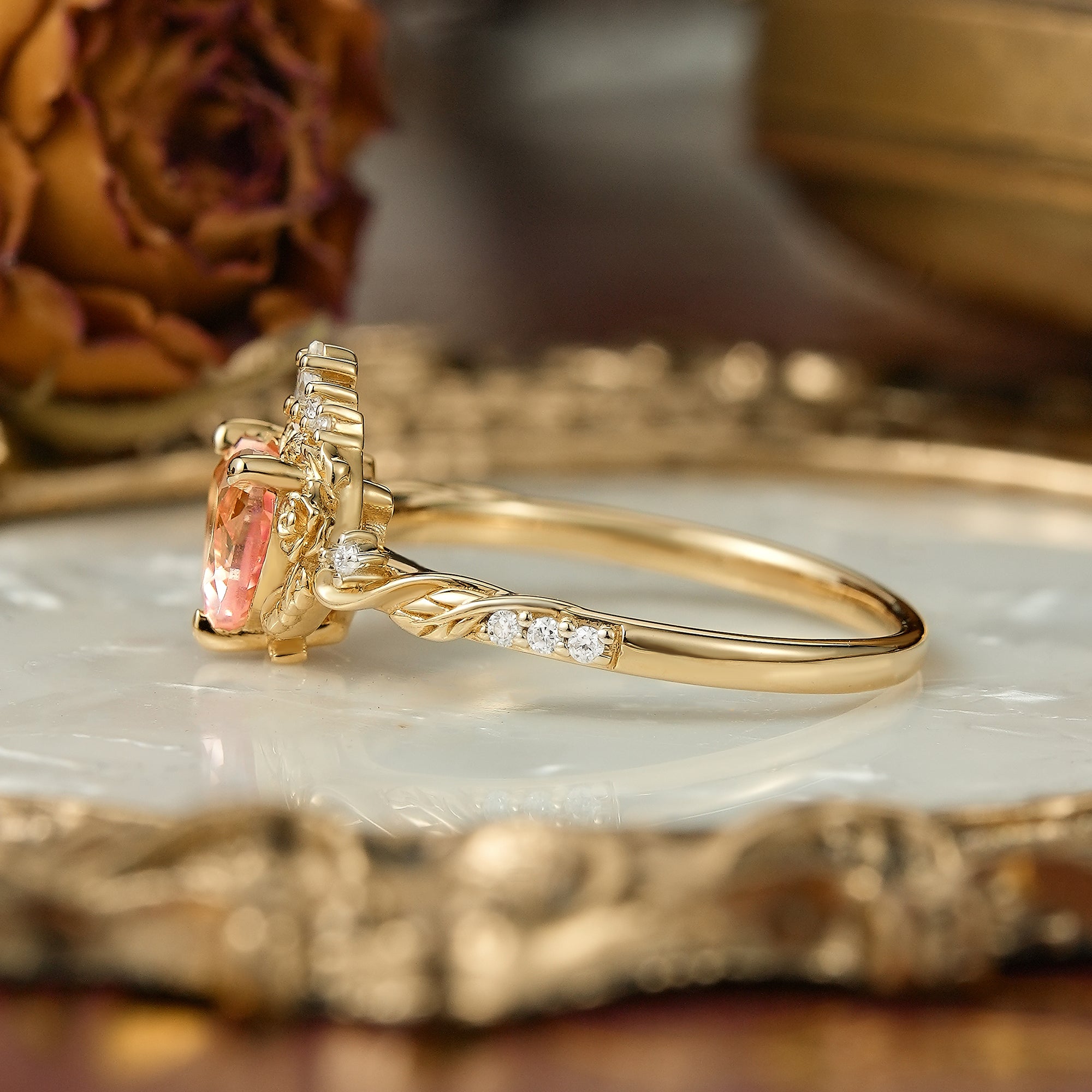 Heart Cut Pink Padparadscha Sapphire Flower Inspired Engagement Ring - Larissa