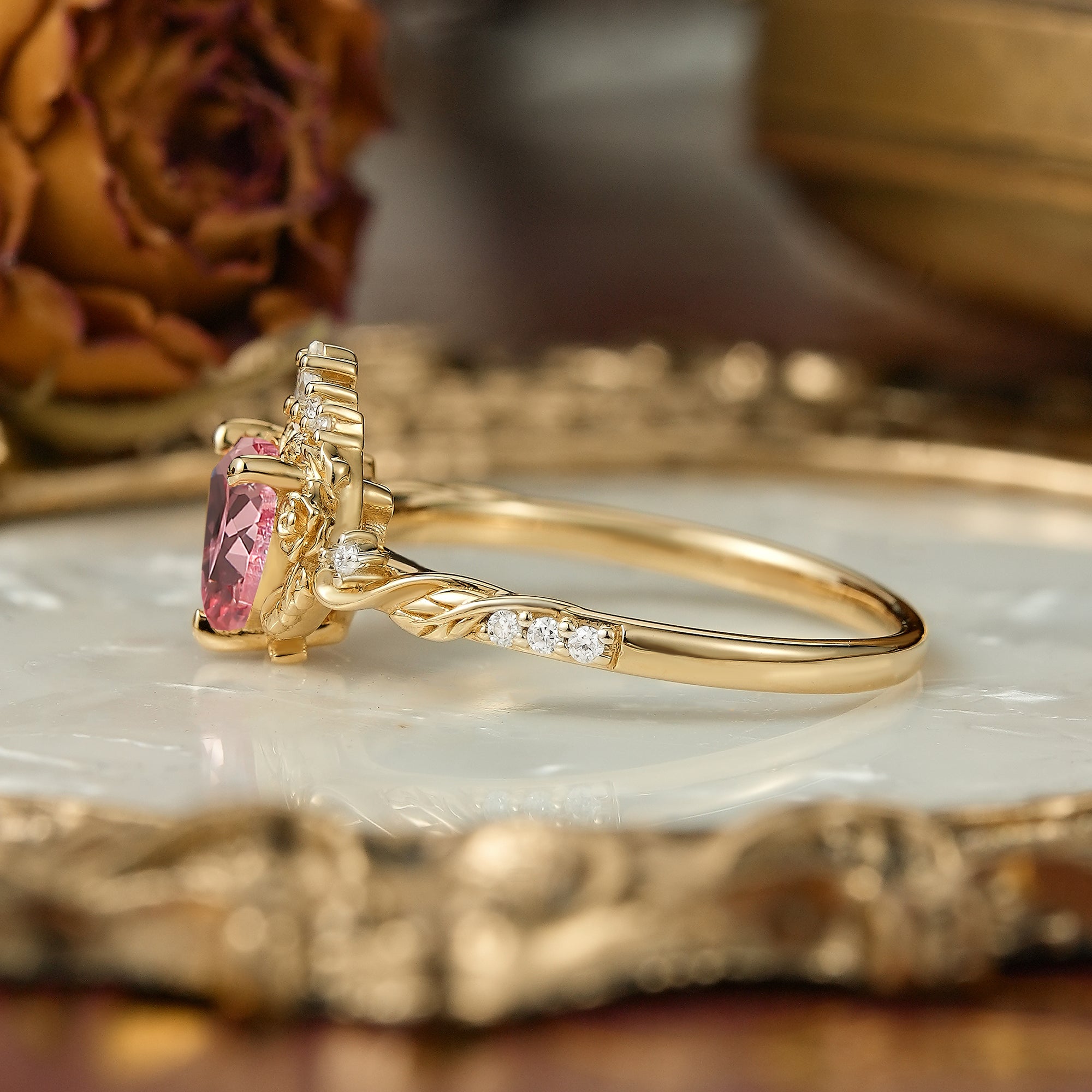 Heart Cut Pink Padparadscha Sapphire Flower Inspired Engagement Ring - Larissa