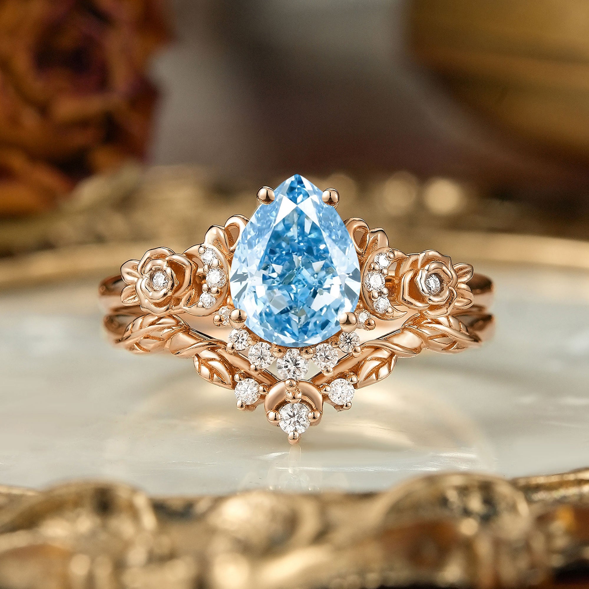 Pear Cut Lab Grown Blue Diamond Moon And Flower Inspired Bridal Ring Set