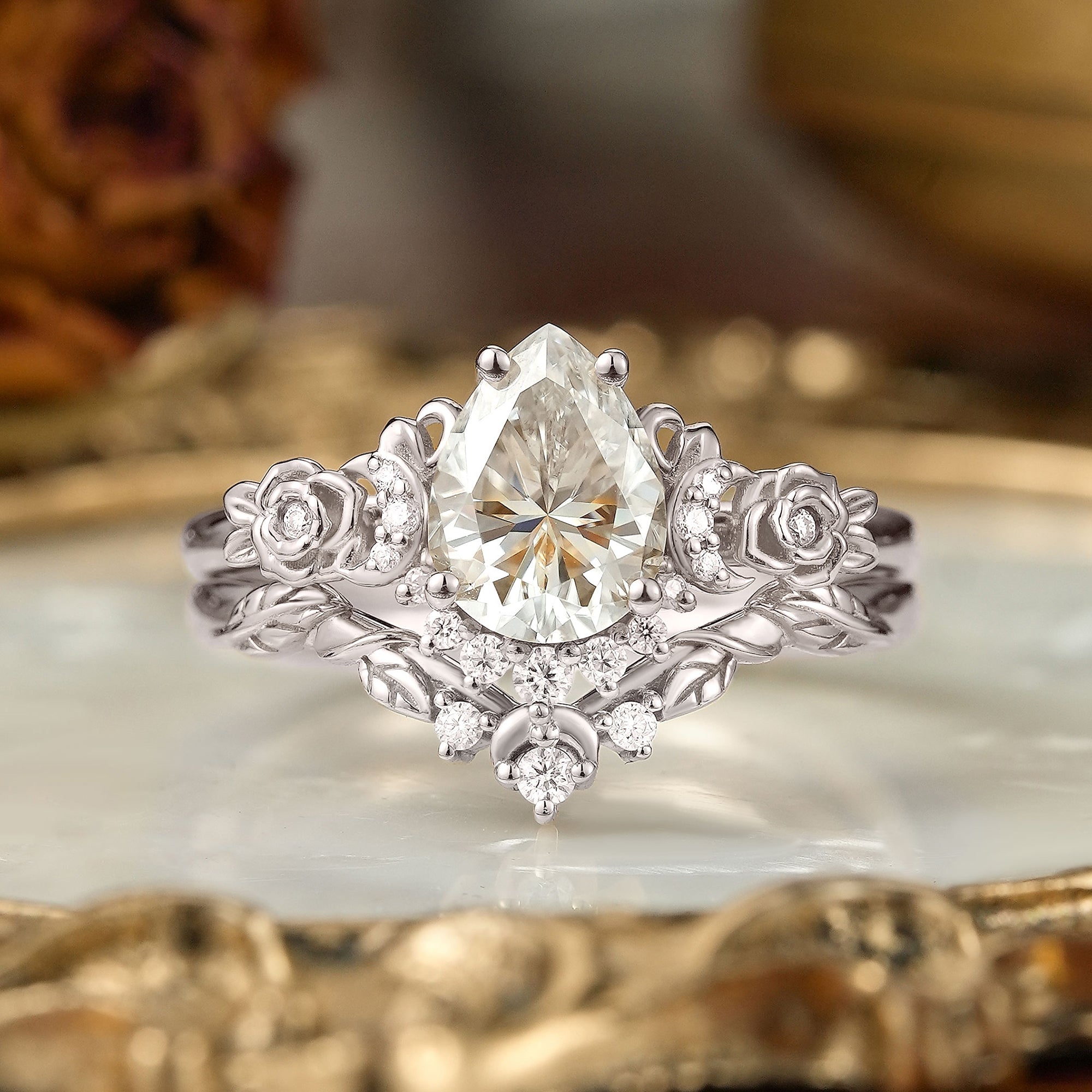Pear Cut Moissanite Moon And Flower Inspired Bridal Ring Set