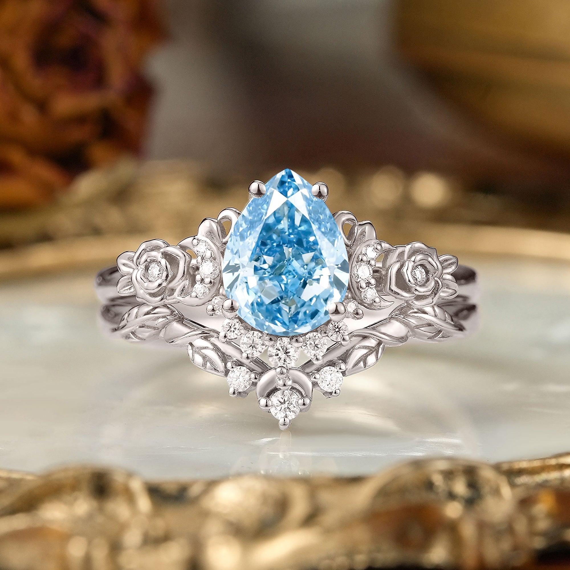 Pear Cut Lab Grown Blue Diamond Moon And Flower Inspired Bridal Ring Set