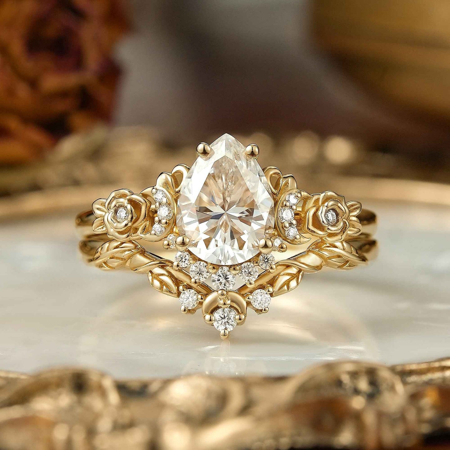 Pear Cut Moissanite Moon And Flower Inspired Bridal Ring Set (925 Siver)