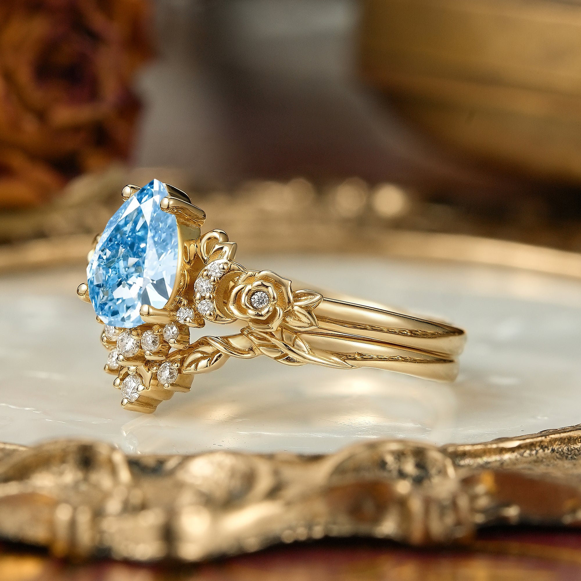 Pear Cut Lab Grown Blue Diamond Moon And Flower Inspired Bridal Ring Set
