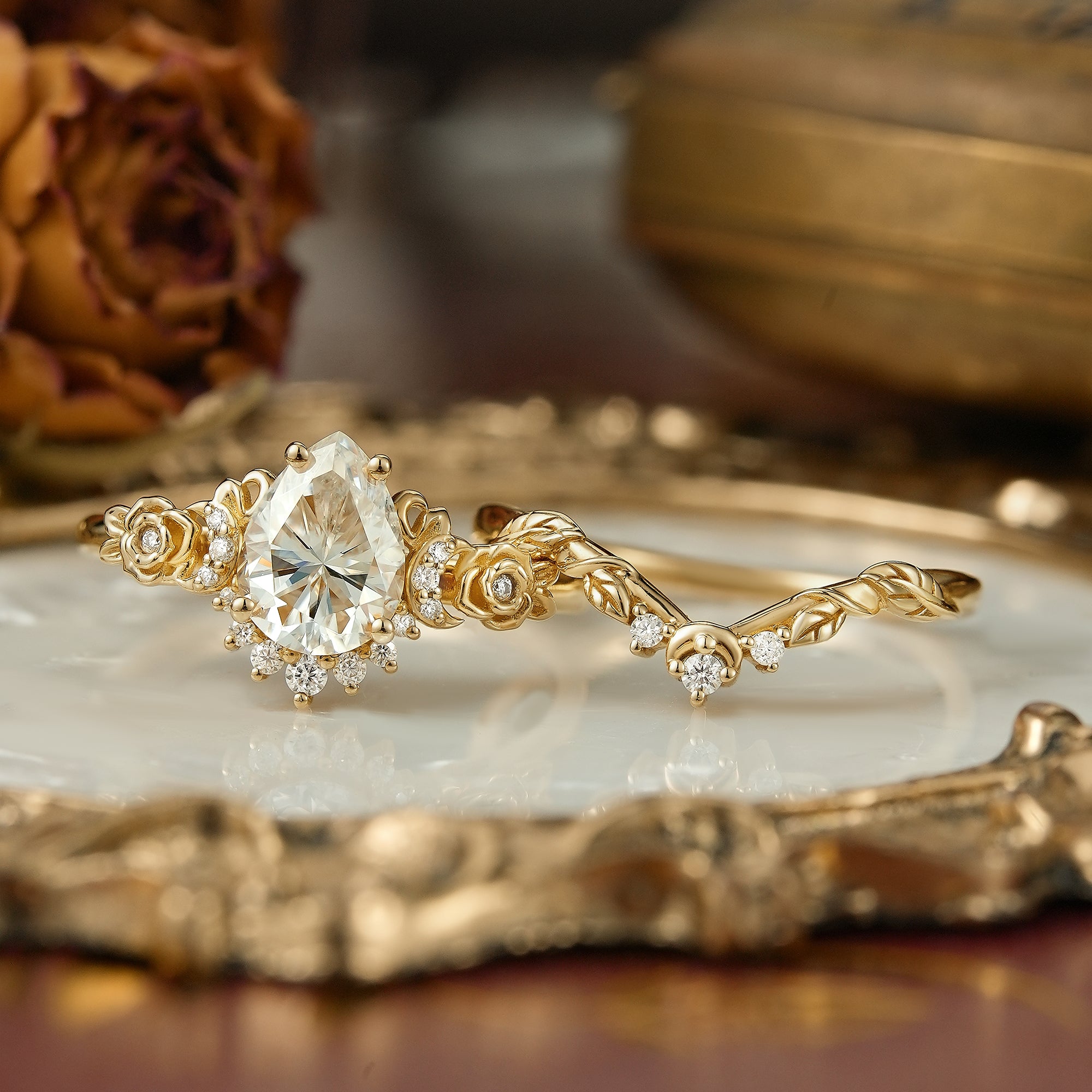 Pear Cut Moissanite Moon And Flower Inspired Bridal Ring Set