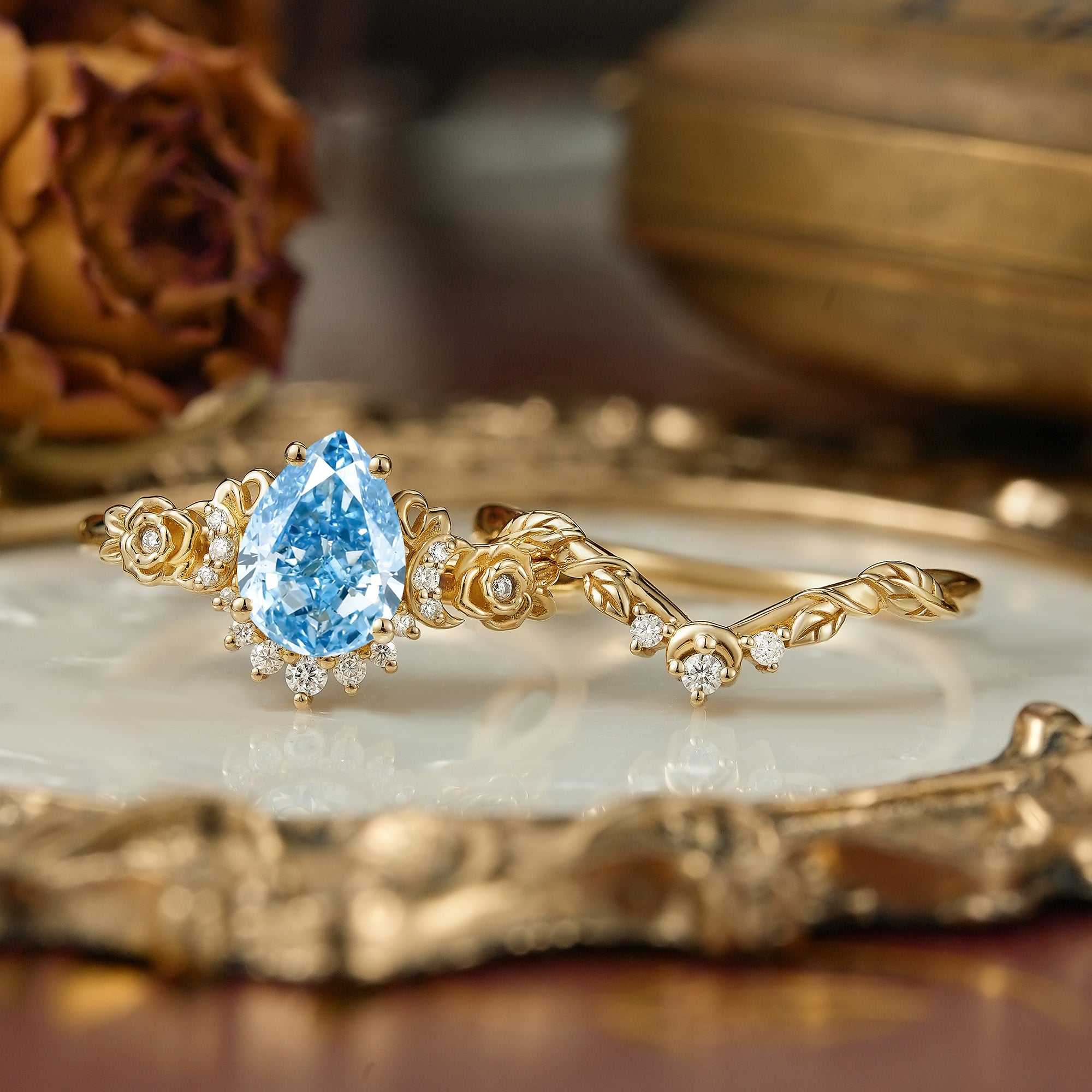 Pear Cut Lab Grown Blue Diamond Moon And Flower Inspired Bridal Ring Set