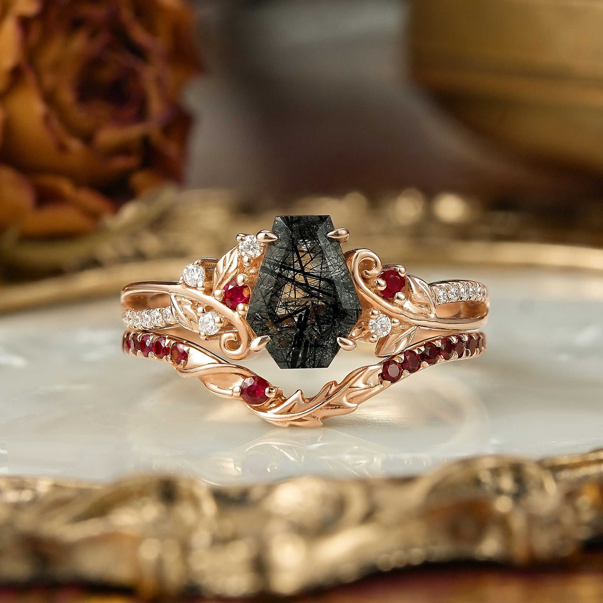 Coffin Cut Black Rutilated Quartz Leaf And Vine Inspired Bridal Ring Set - Carla