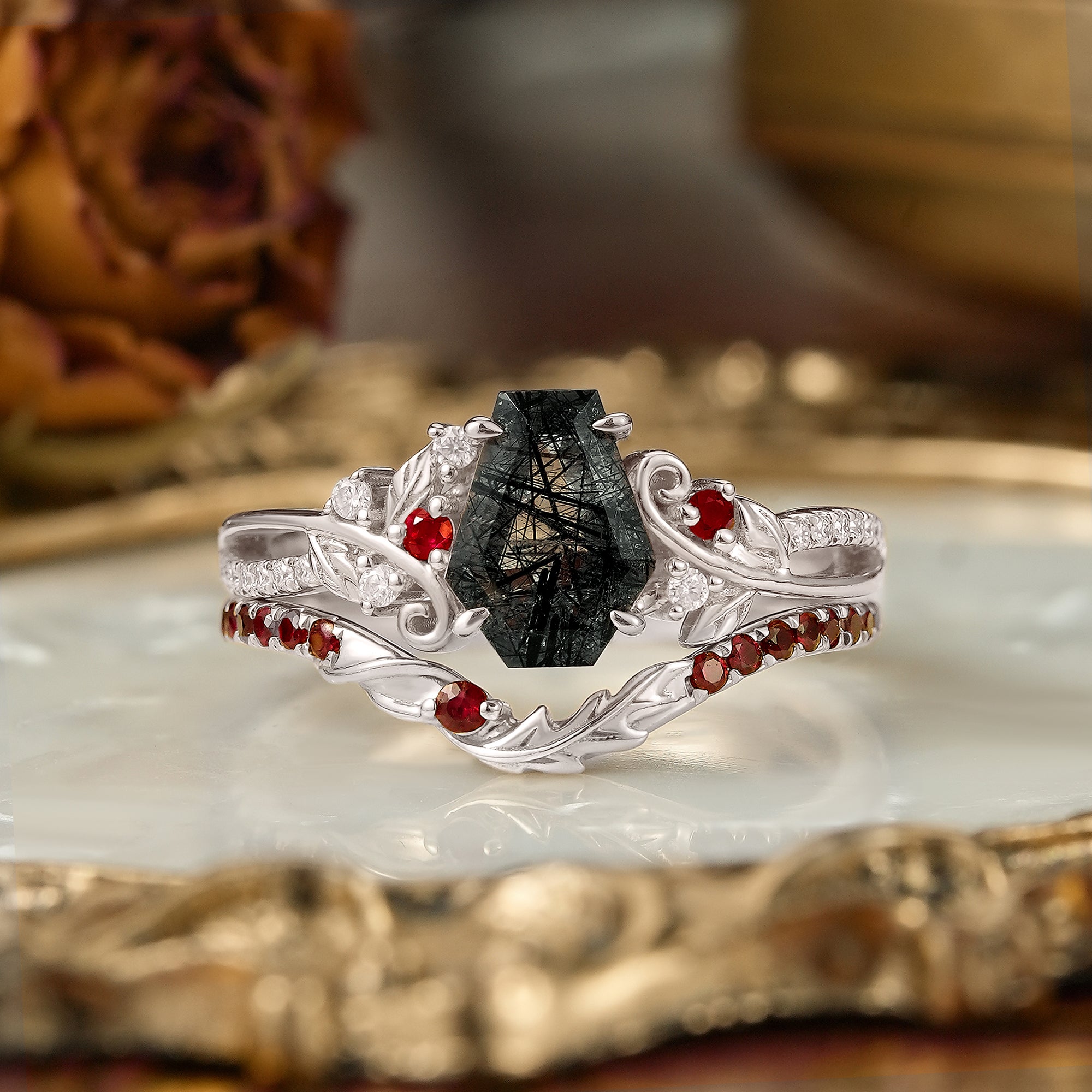 Coffin Cut Black Rutilated Quartz Leaf And Vine Inspired Bridal Ring Set - Carla