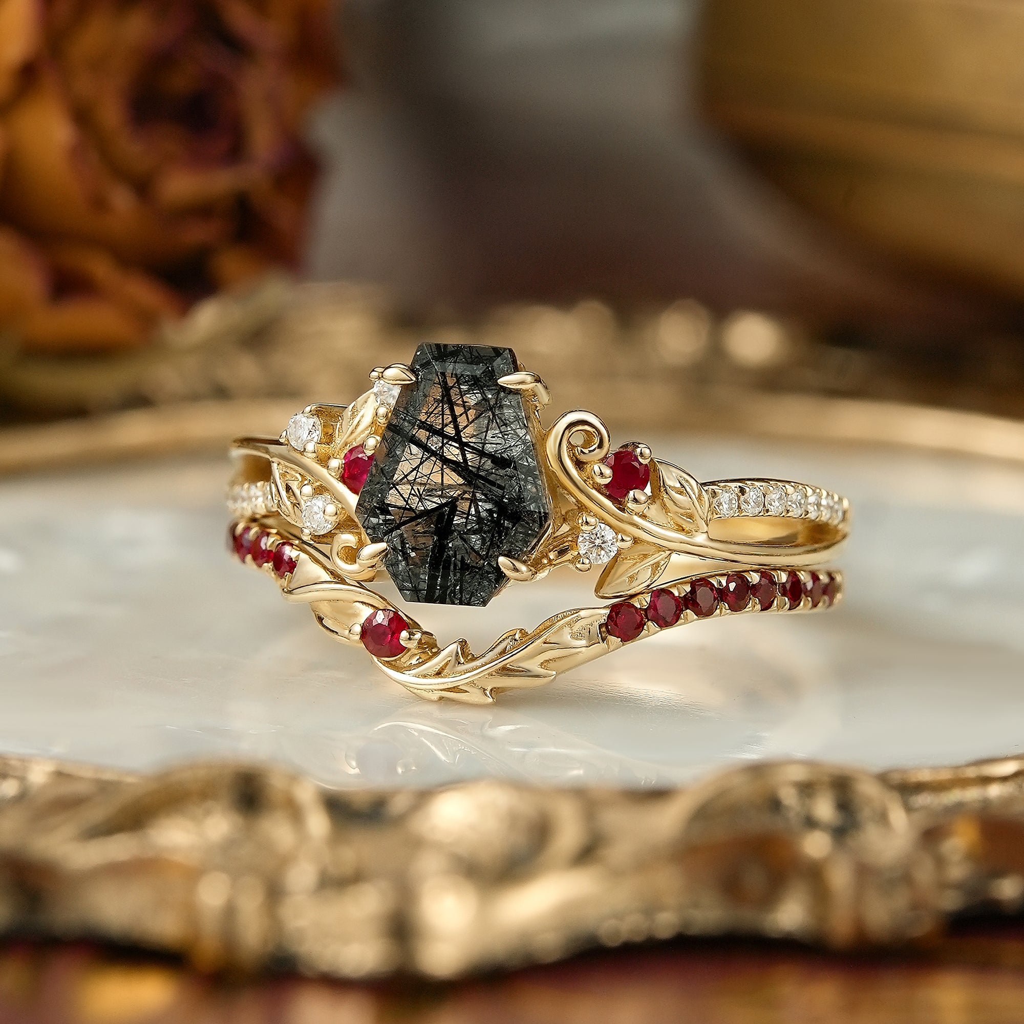 Coffin Cut Black Rutilated Quartz Leaf And Vine Inspired Bridal Ring Set - Carla