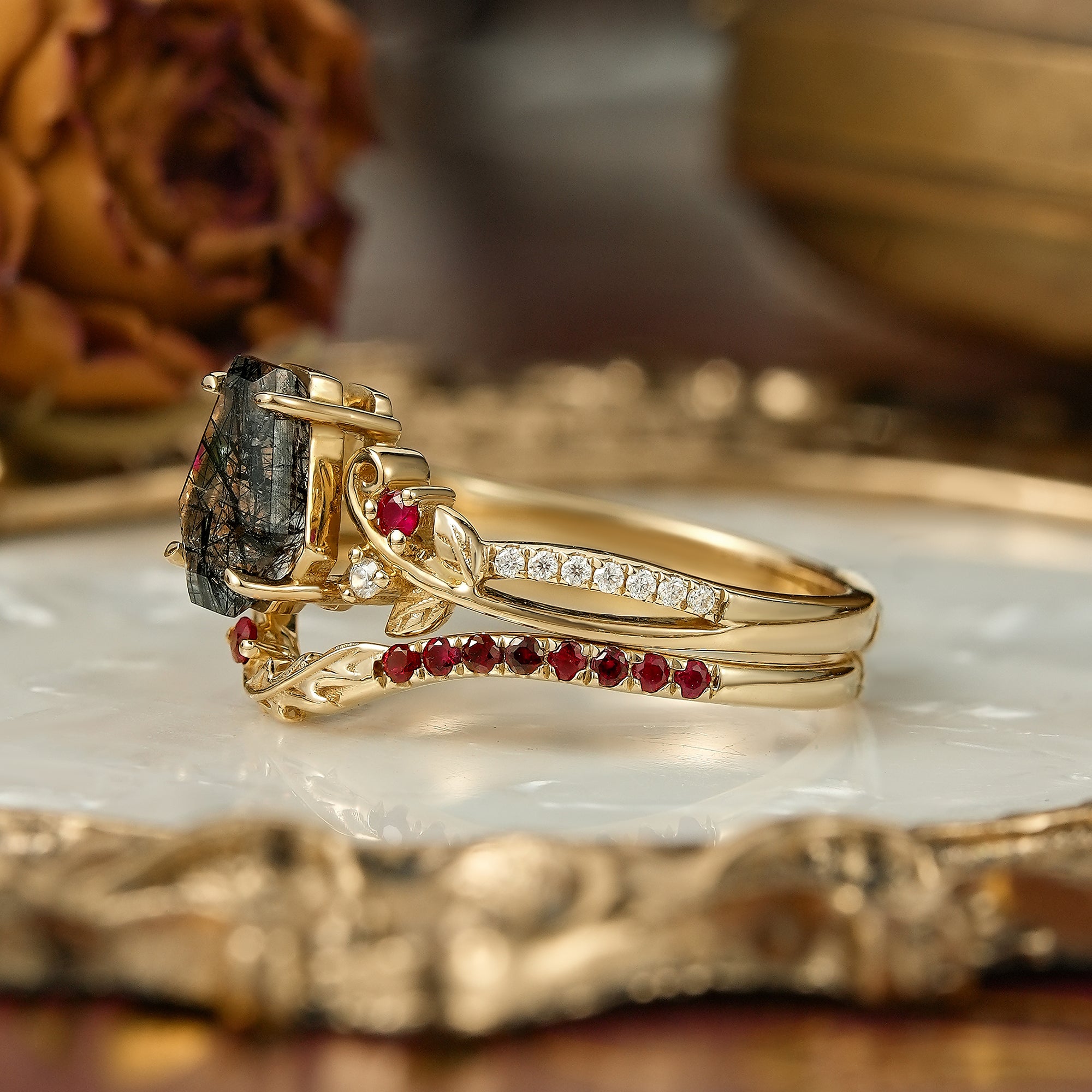 Coffin Cut Black Rutilated Quartz Leaf And Vine Inspired Bridal Ring Set - Carla