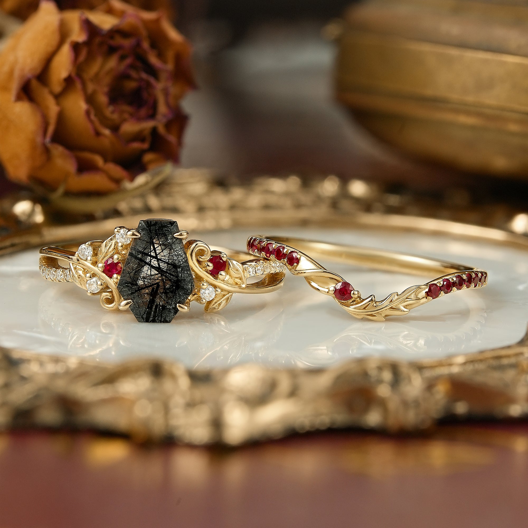 Coffin Cut Black Rutilated Quartz Leaf And Vine Inspired Bridal Ring Set - Carla